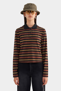 Striped Long Sleeve Jersey Polo - Black/Brown/Yellow Stripe