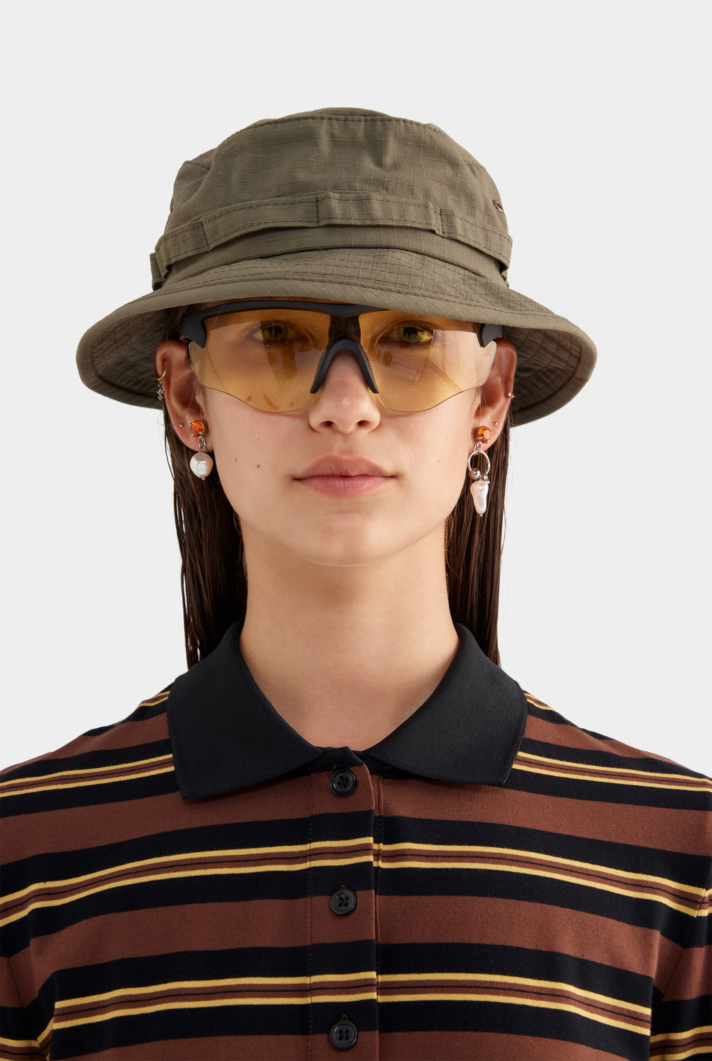 Striped Long Sleeve Jersey Polo - Black/Brown/Yellow Stripe