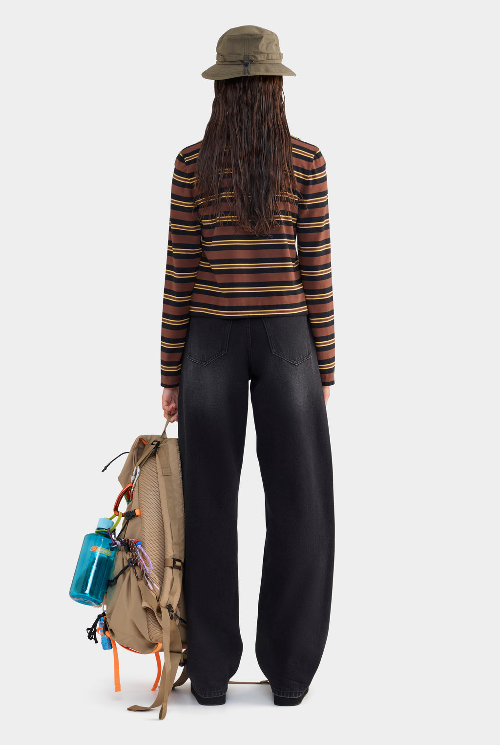 Striped Long Sleeve Jersey Polo - Black/Brown/Yellow Stripe