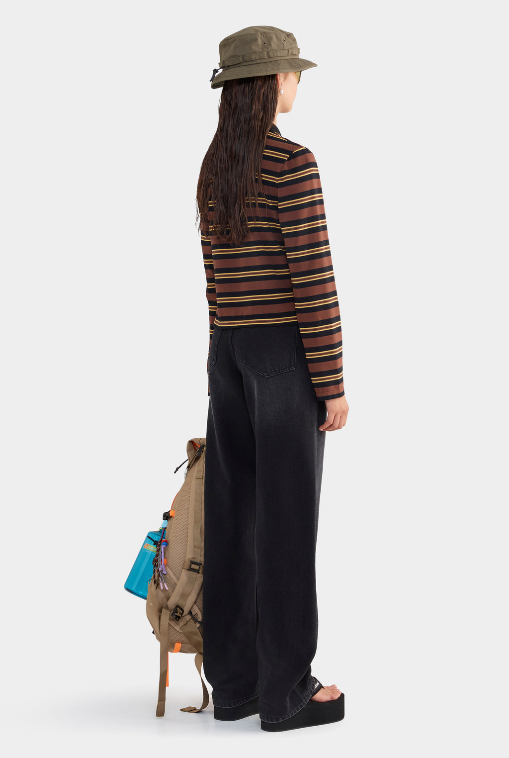 Striped Long Sleeve Jersey Polo - Black/Brown/Yellow Stripe