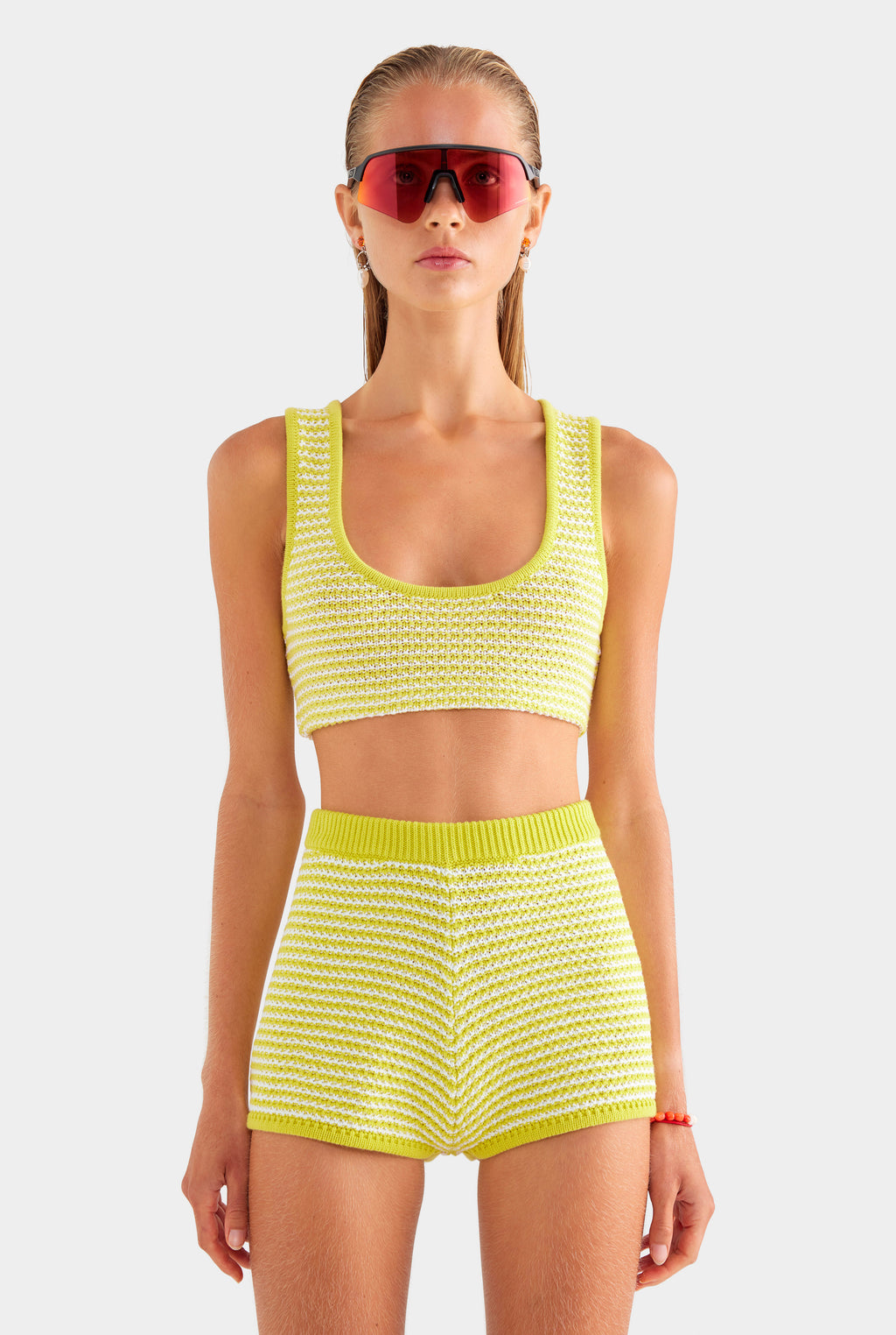 Striped Cotton Knit Shorts - Chartreuse/Off White Stripe