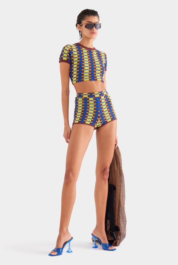 Terry Knit Shorts - Dijon/Blue/Brown Geo Check