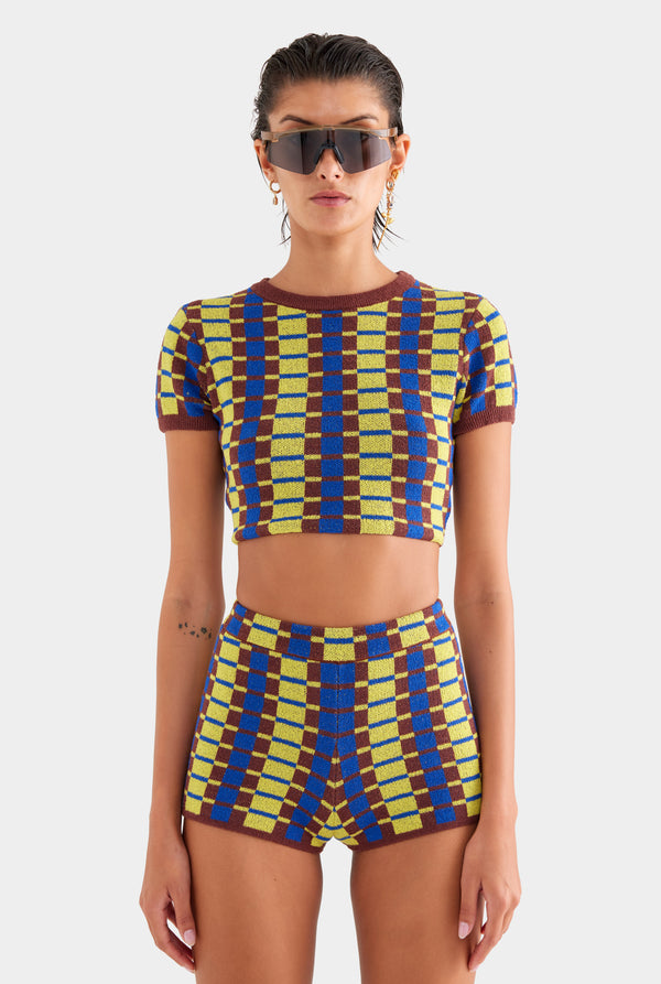 Terry Knit Cropped Tee - Dijon/Blue/Brown Geo Check