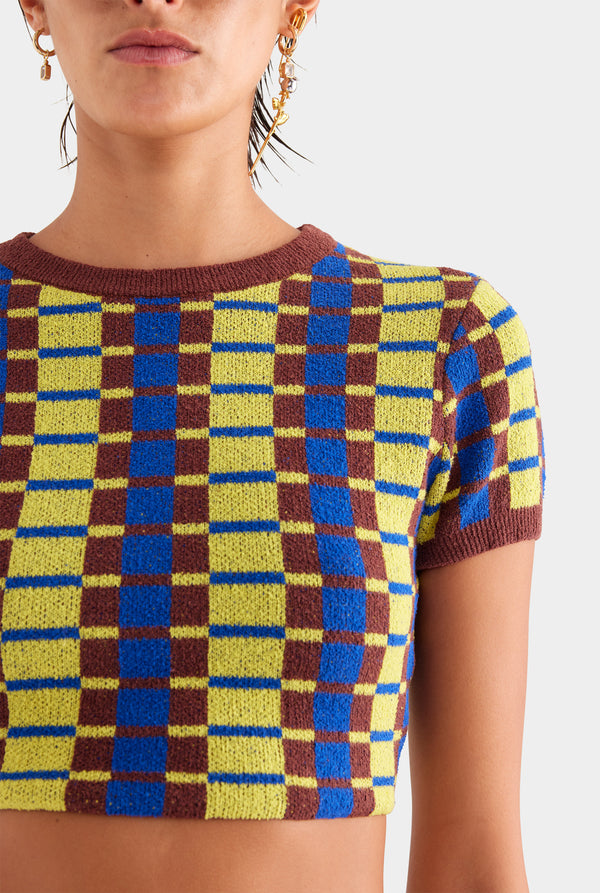 Terry Knit Cropped Tee - Dijon/Blue/Brown Geo Check