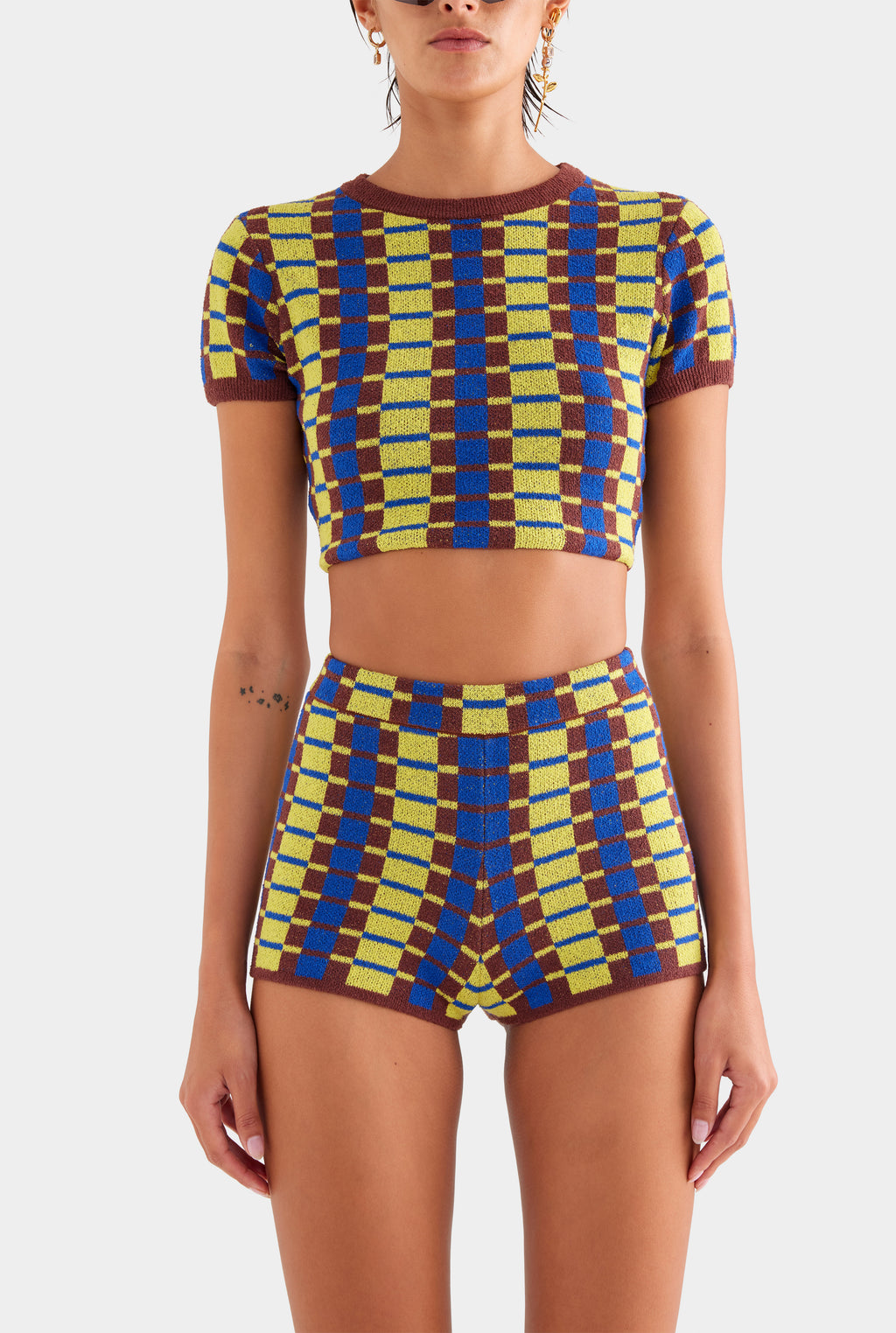 Terry Knit Shorts - Dijon/Blue/Brown Geo Check