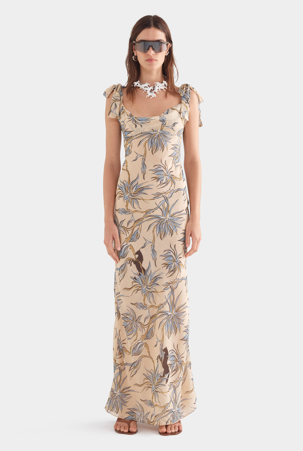 Tie Shoulder Silk Maxi Dress - Beige Floral Horse Print