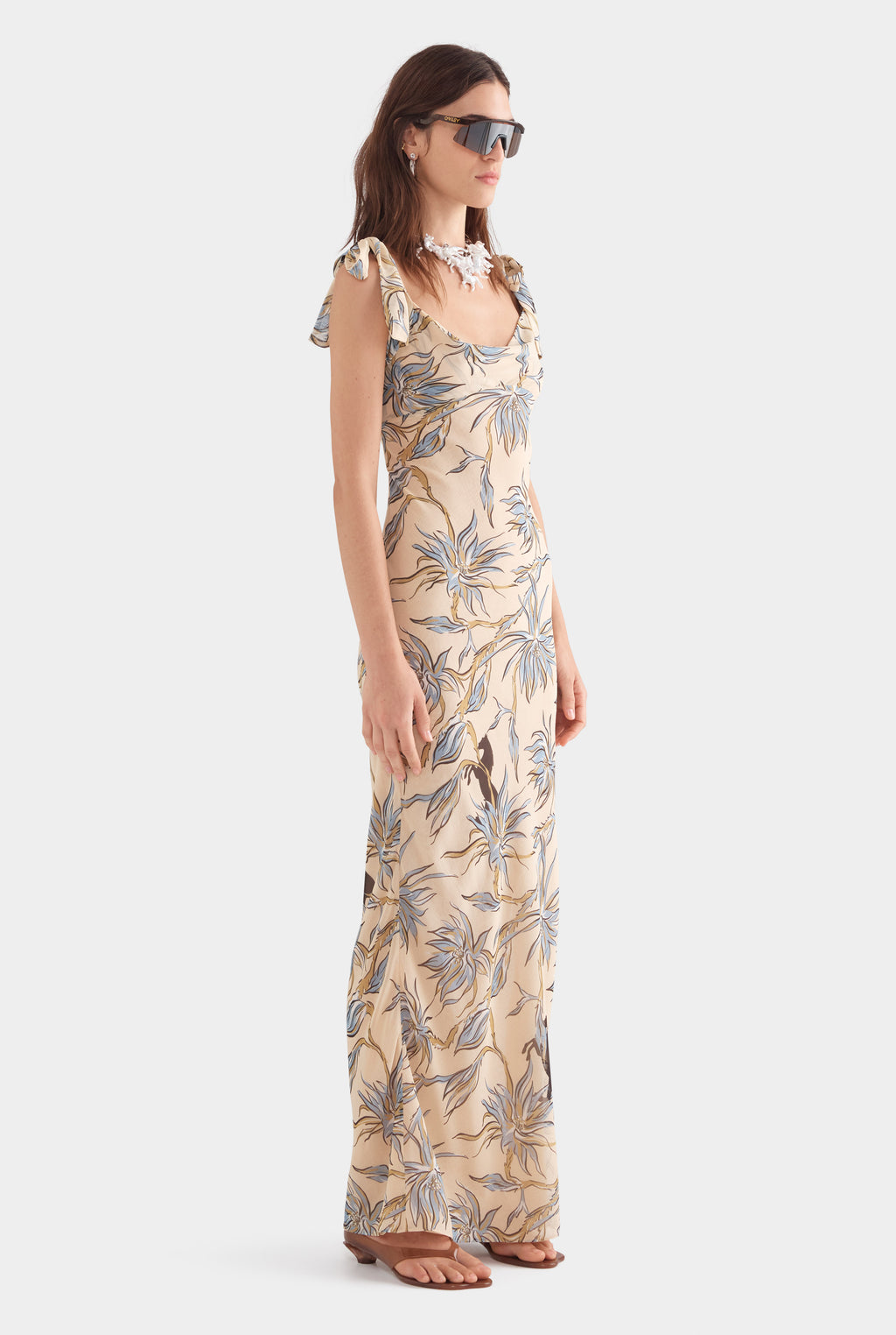 Tie Shoulder Silk Maxi Dress - Beige Floral Horse Print