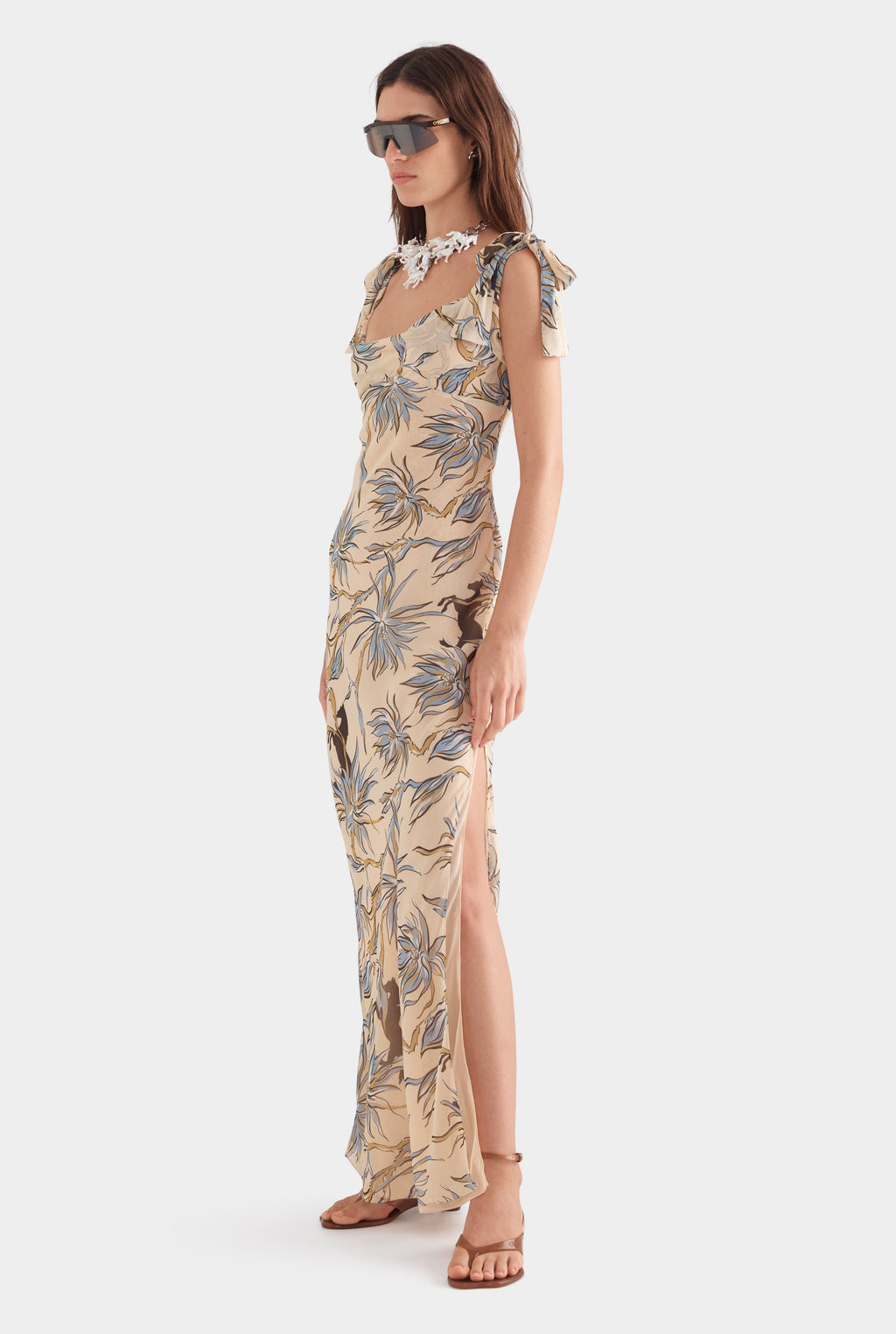 Tie Shoulder Silk Maxi Dress - Beige Floral Horse Print