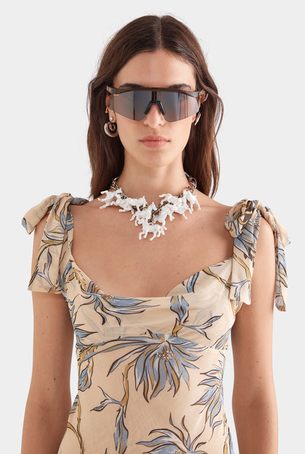 Tie Shoulder Silk Maxi Dress - Beige Floral Horse Print