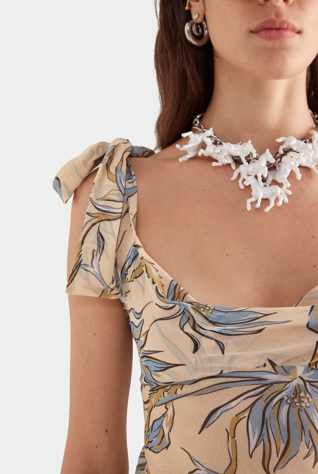 Tie Shoulder Silk Maxi Dress - Beige Floral Horse Print