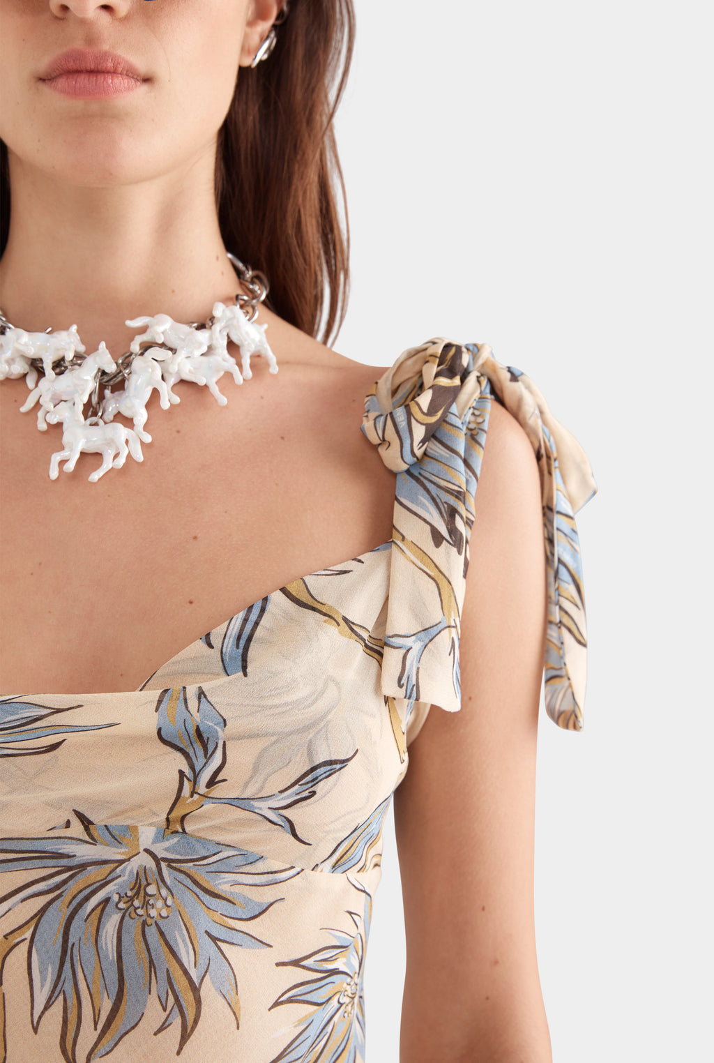 Tie Shoulder Silk Maxi Dress - Beige Floral Horse Print