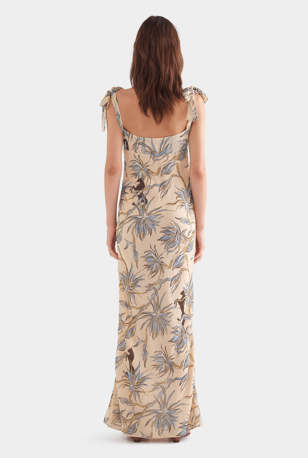 Tie Shoulder Silk Maxi Dress - Beige Floral Horse Print