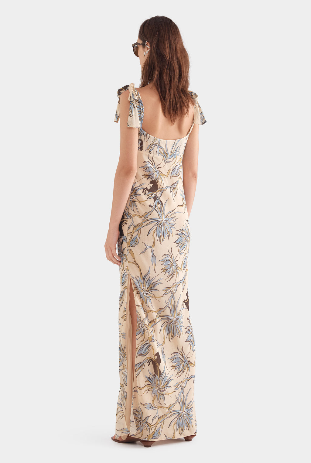Tie Shoulder Silk Maxi Dress - Beige Floral Horse Print