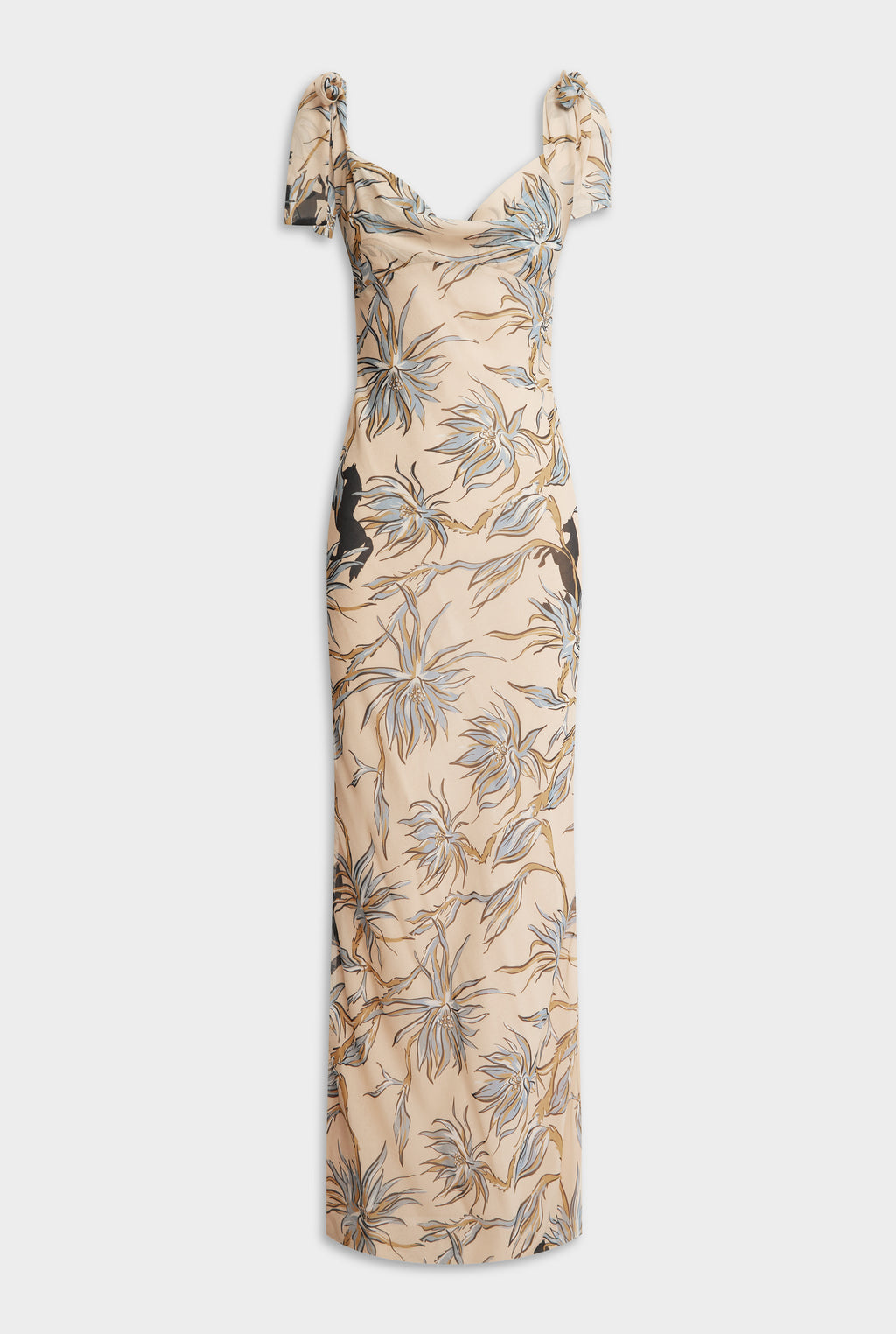 Tie Shoulder Silk Maxi Dress - Beige Floral Horse Print