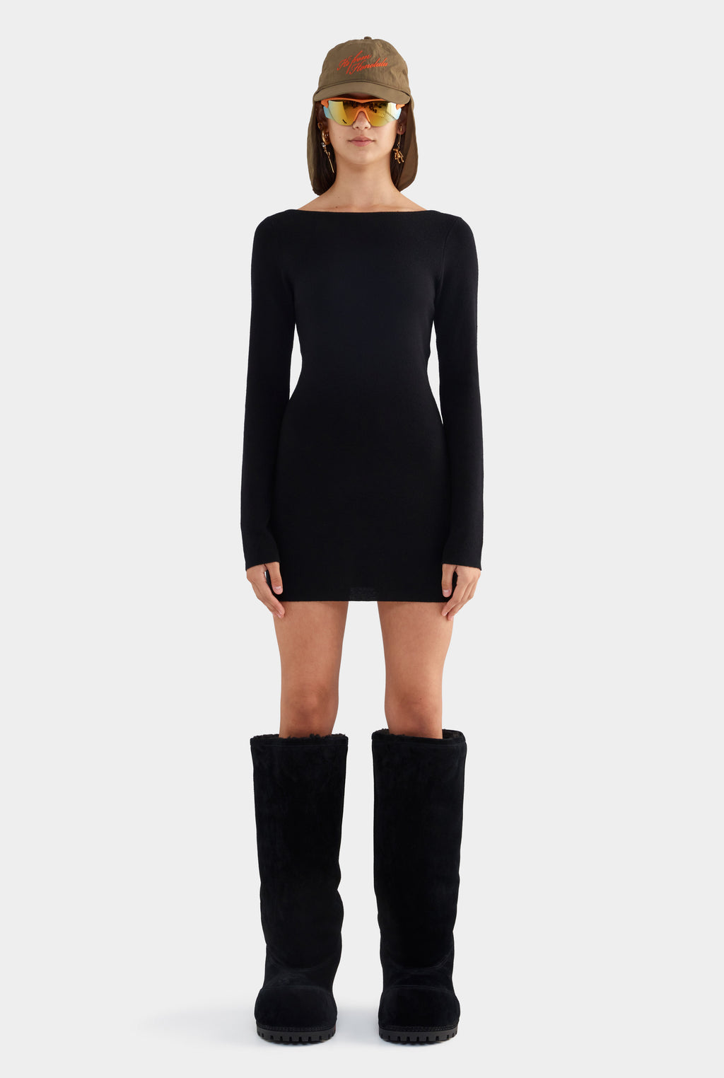 Wool Knit Boatneck Mini Dress - Black