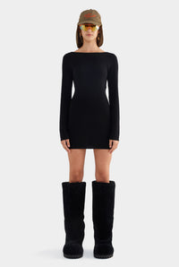Wool Knit Boatneck Mini Dress - Black