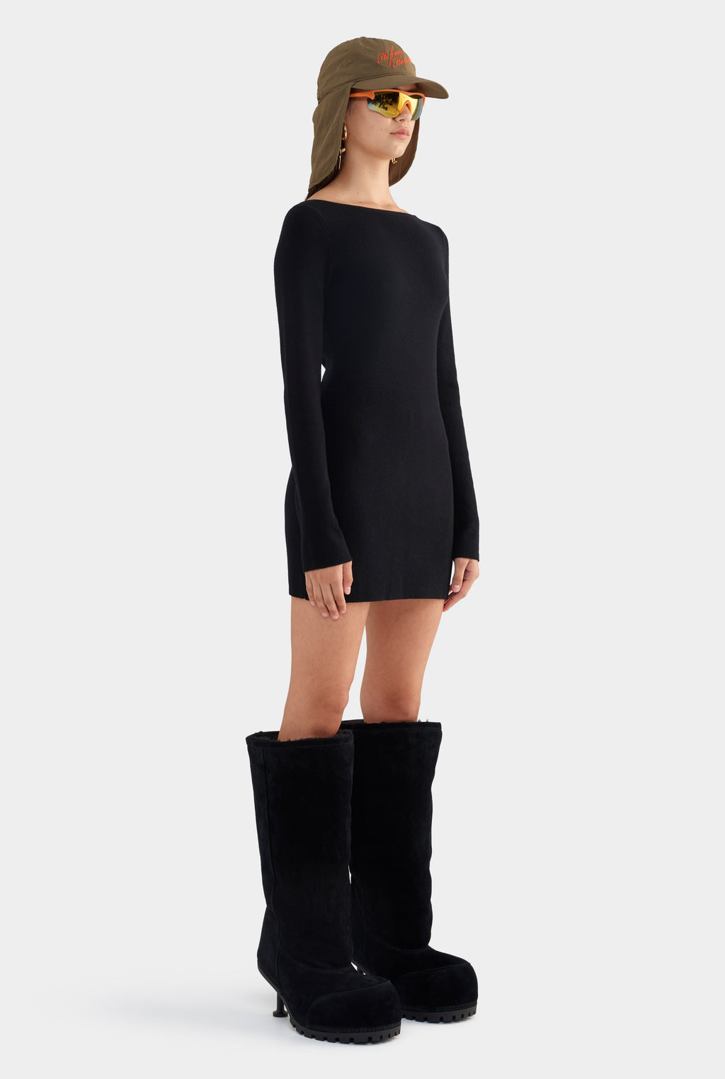 Wool Knit Boatneck Mini Dress - Black