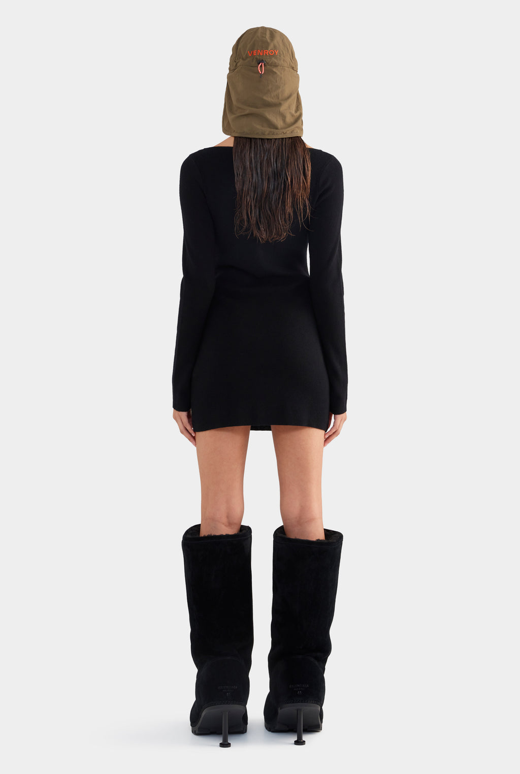 Wool Knit Boatneck Mini Dress - Black