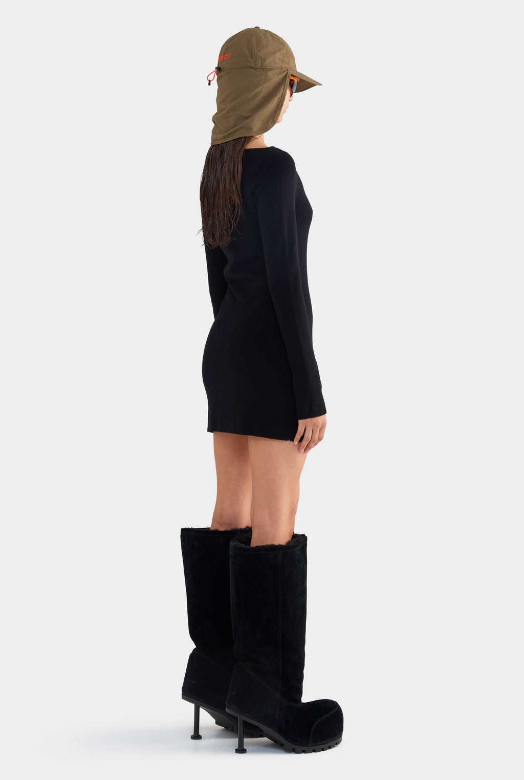 Wool Knit Boatneck Mini Dress - Black