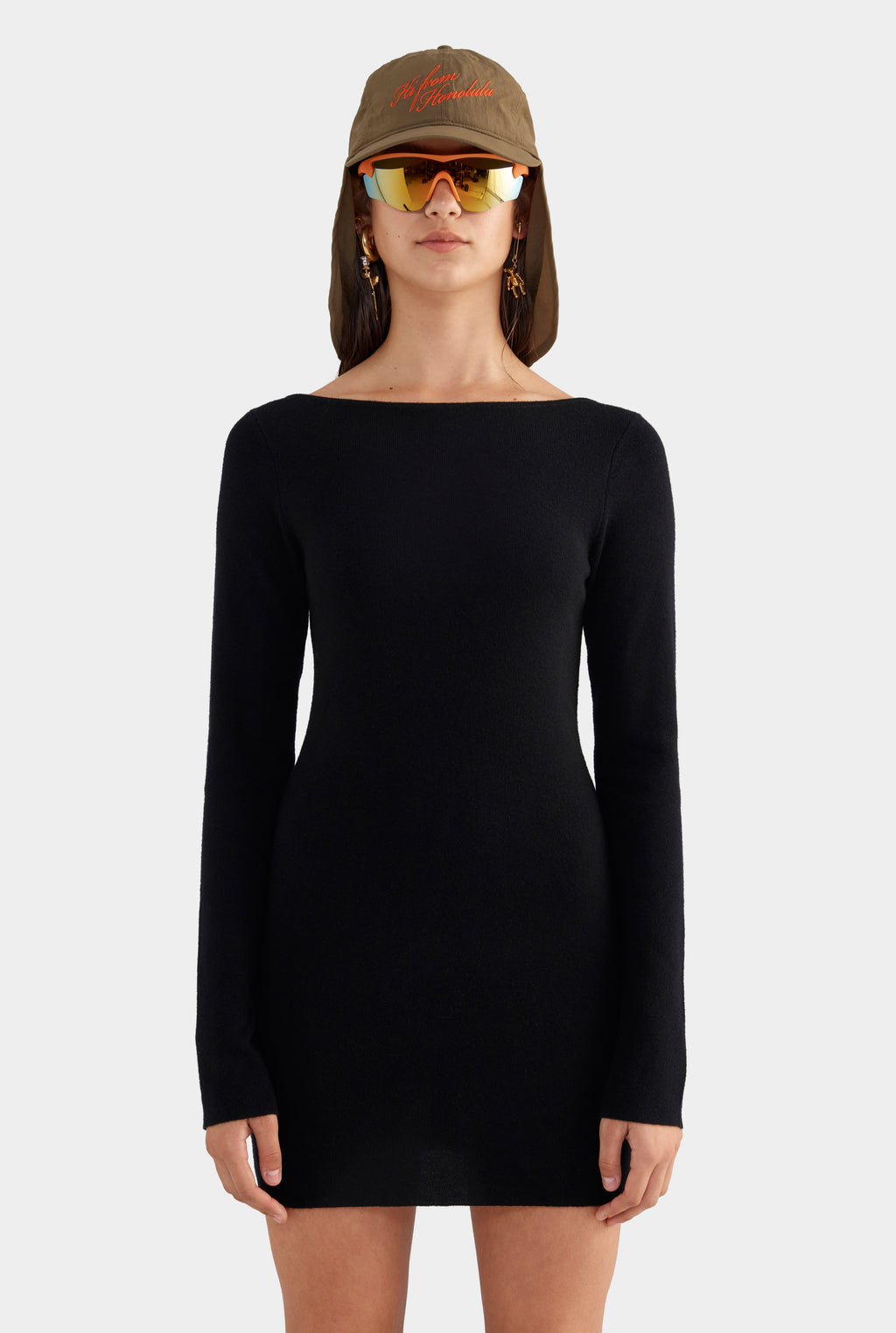 Wool Knit Boatneck Mini Dress - Black