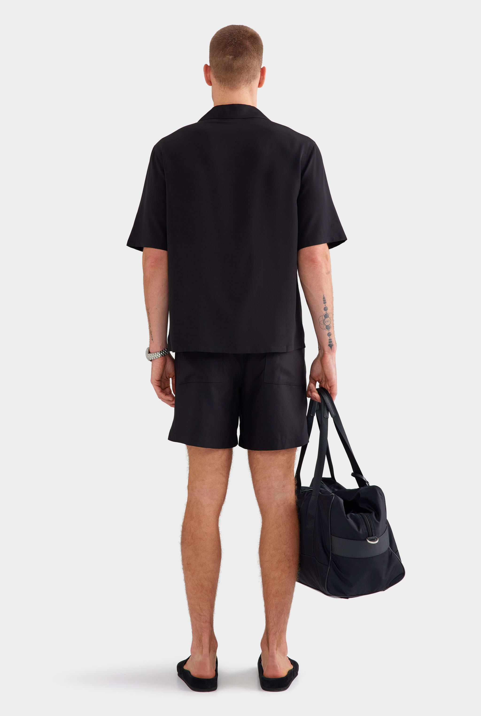Short Sleeve Silk Camp Collar Shirt - Black