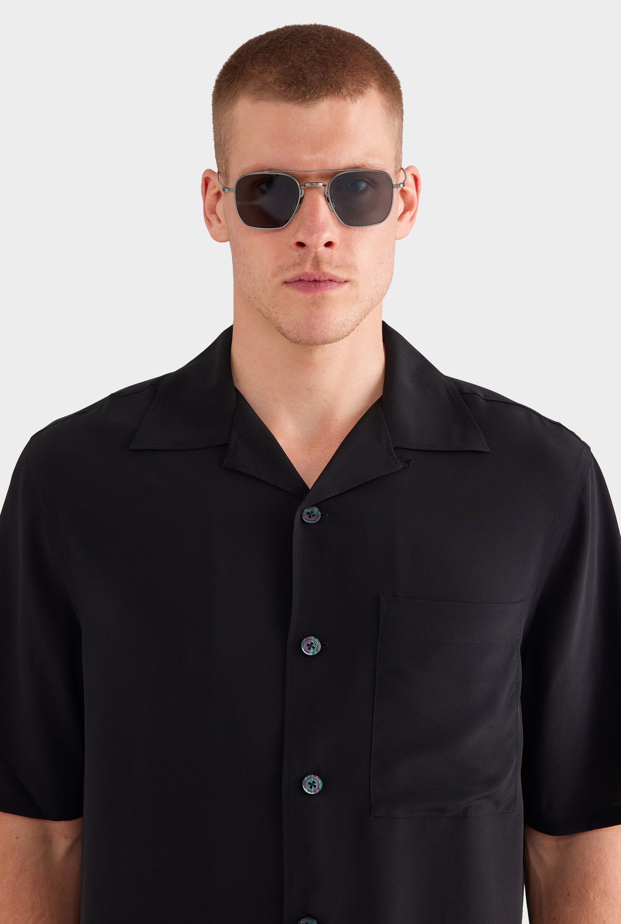 Short Sleeve Silk Camp Collar Shirt - Black