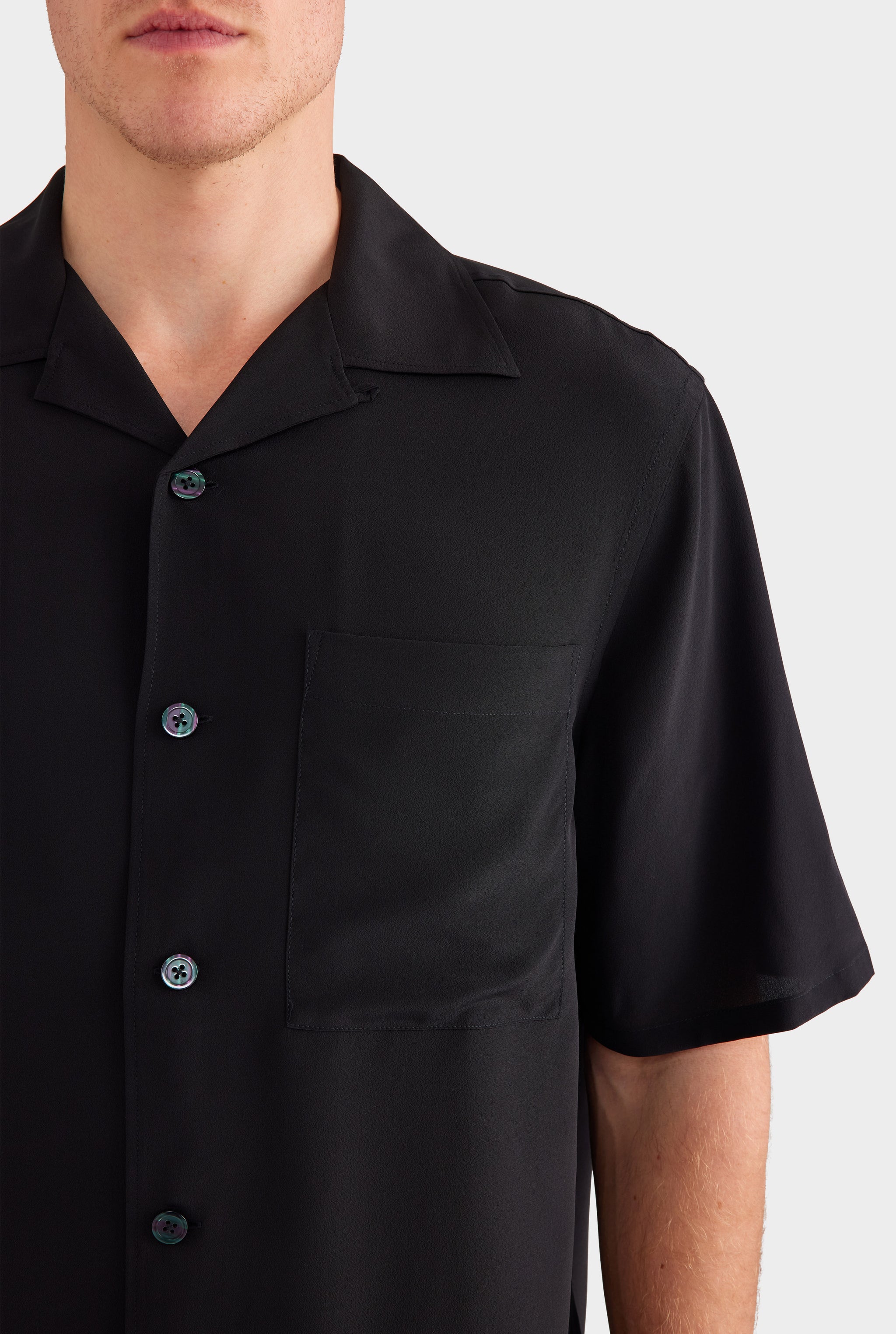 Short Sleeve Silk Camp Collar Shirt - Black