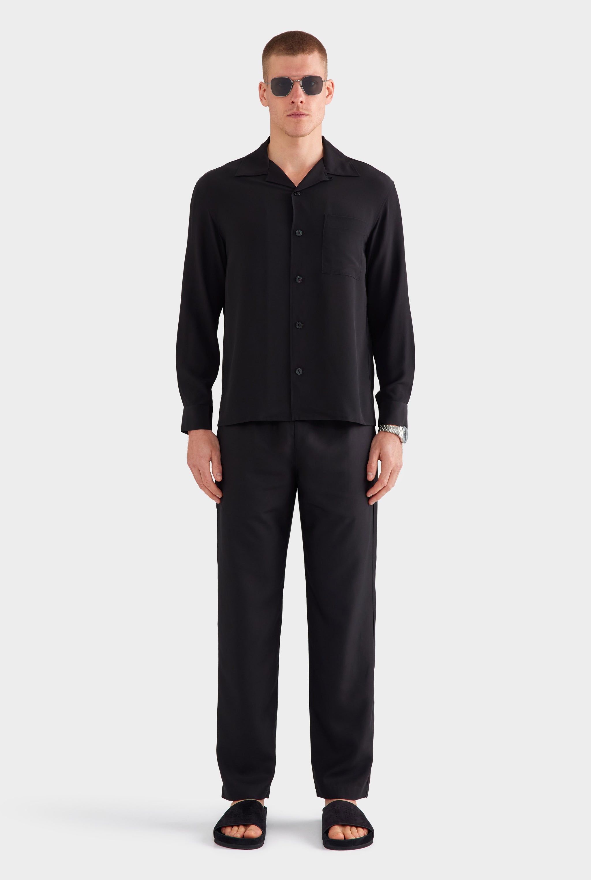 Long Sleeve Silk Camp Collar Shirt - Black