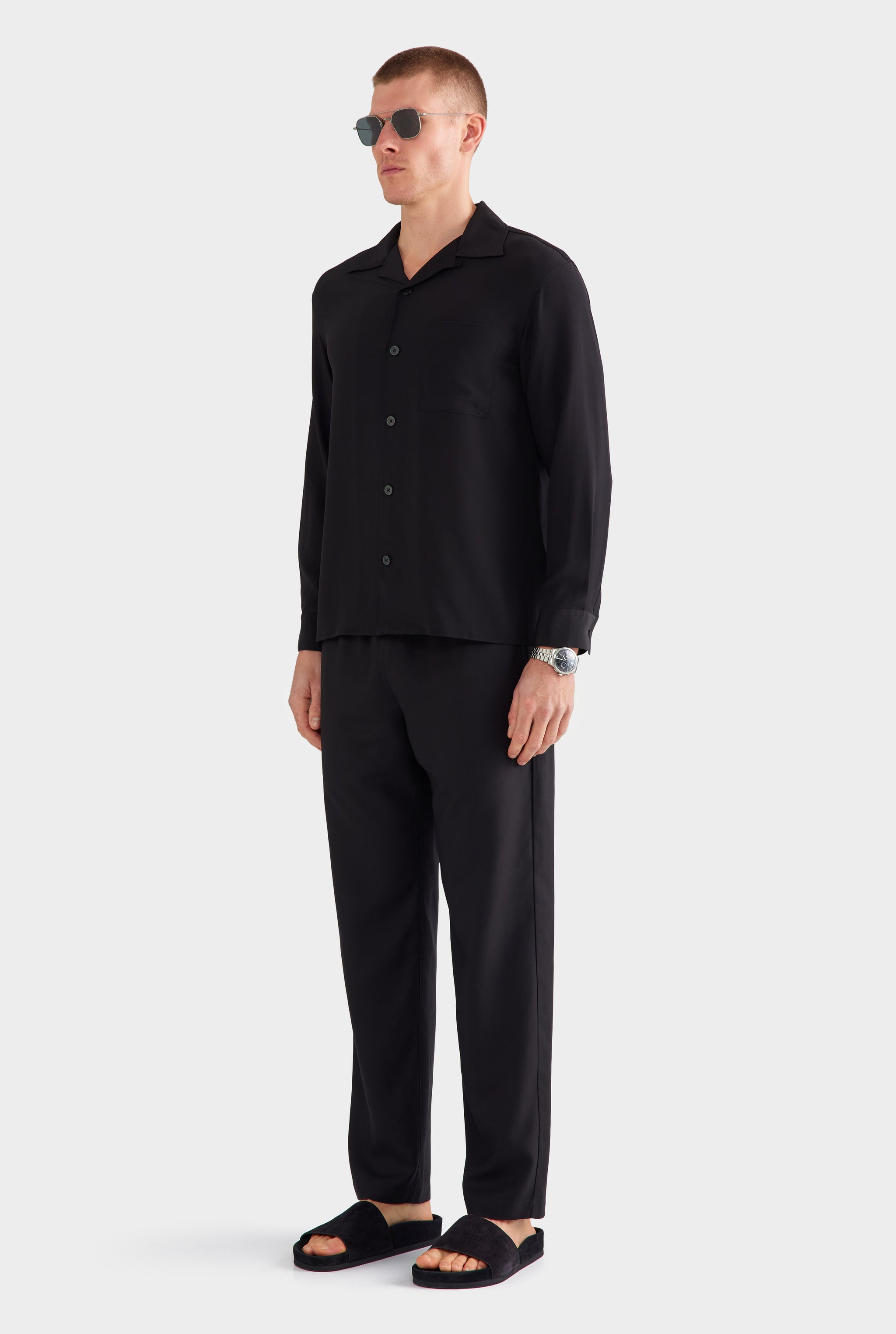 Long Sleeve Silk Camp Collar Shirt - Black