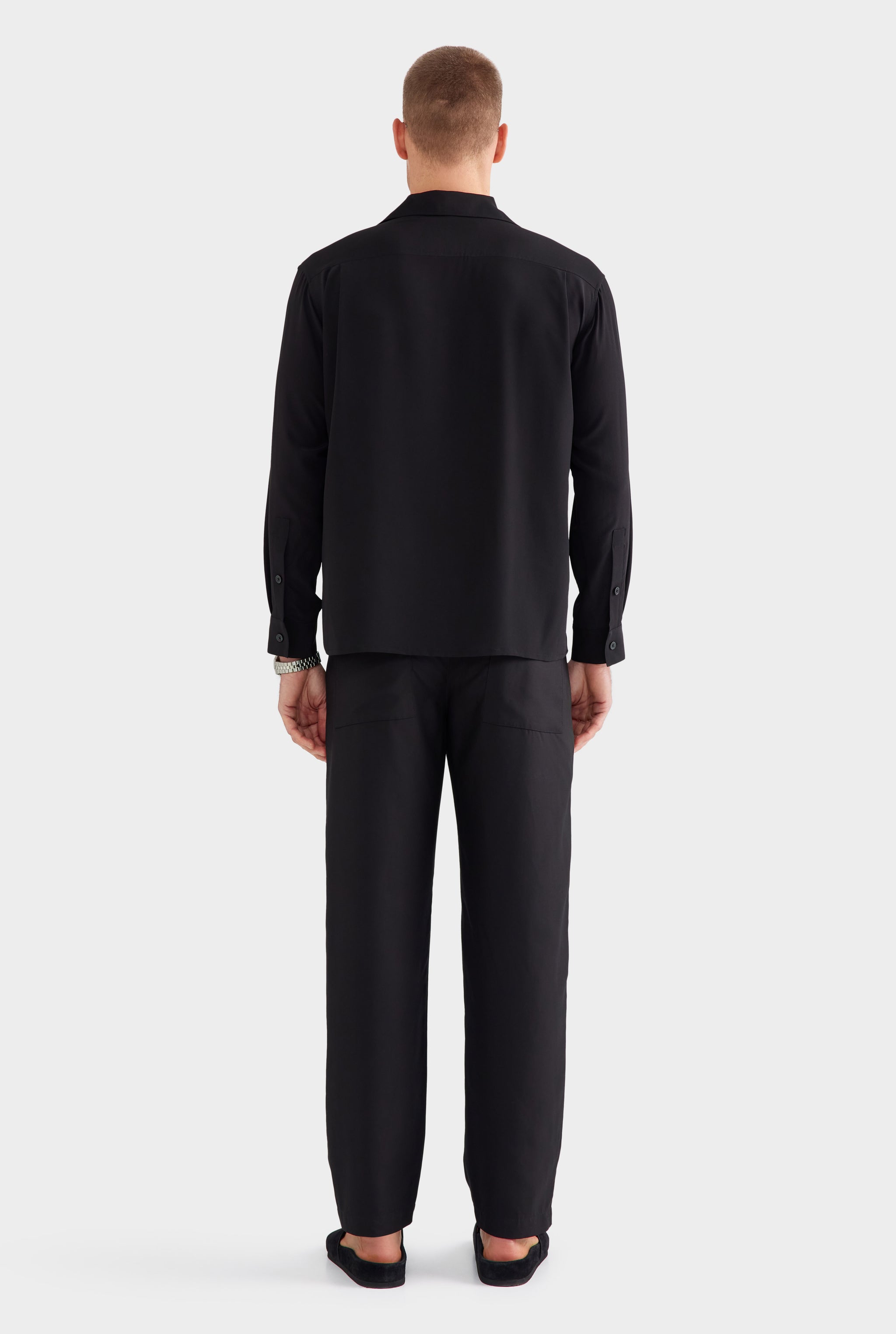Long Sleeve Silk Camp Collar Shirt - Black