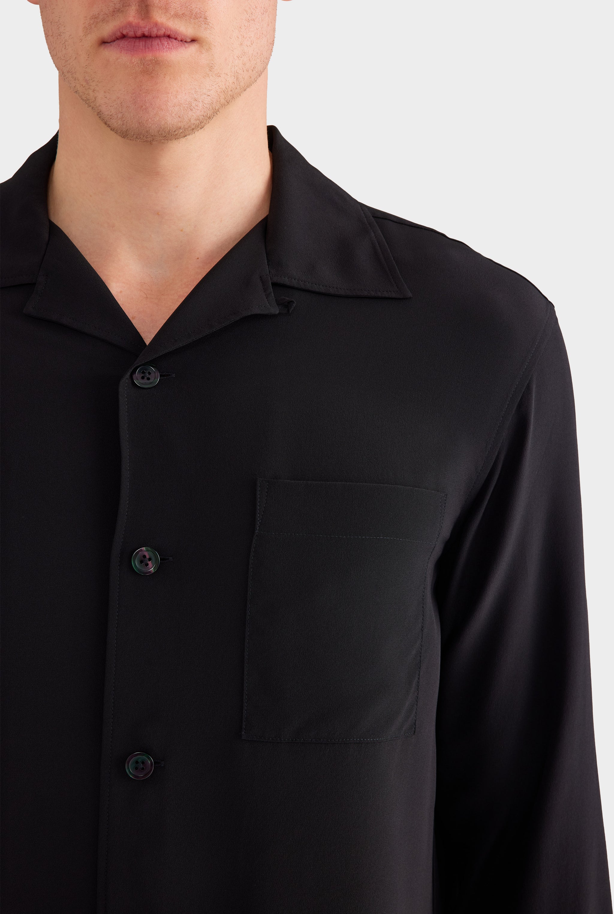 Long Sleeve Silk Camp Collar Shirt - Black
