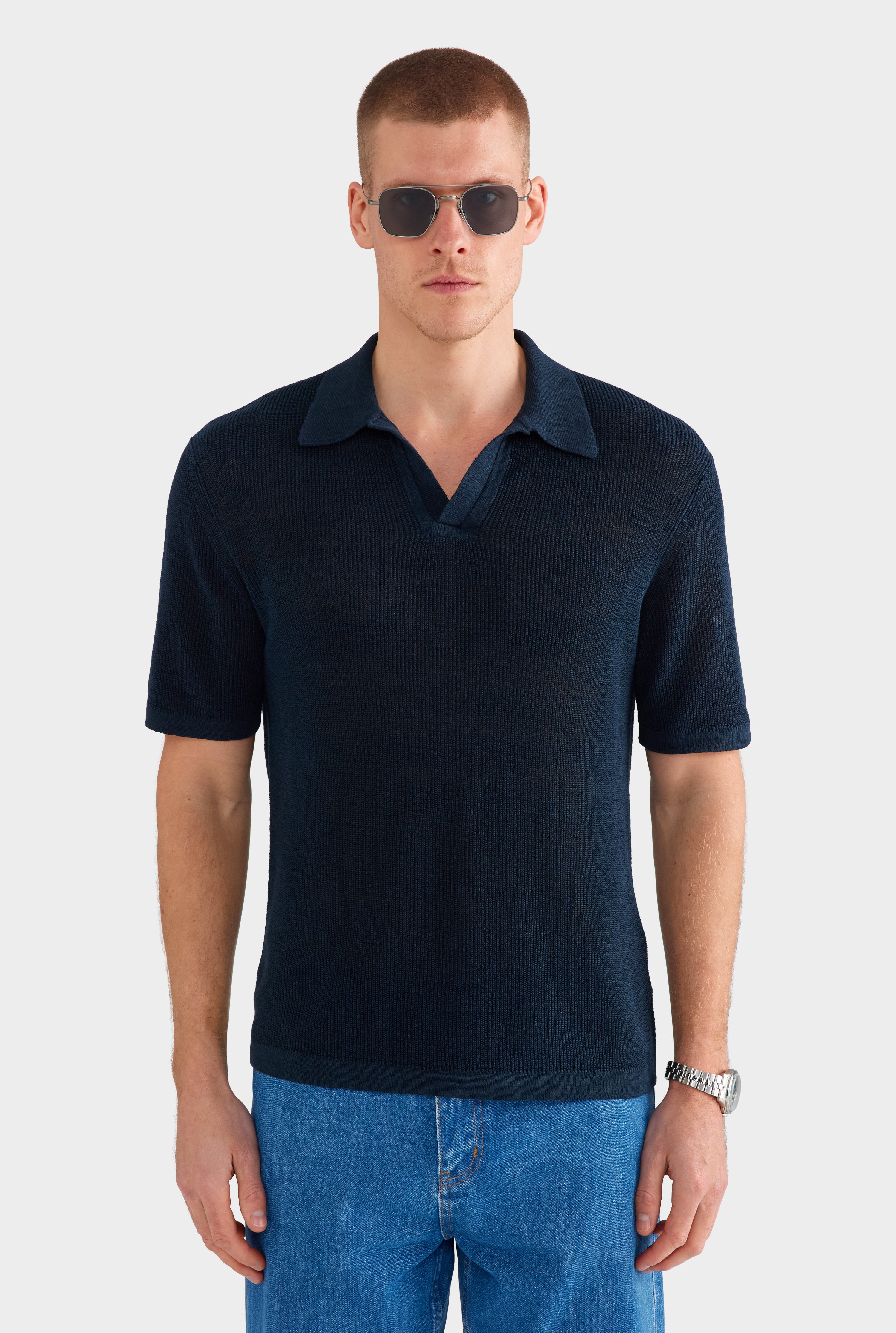 Rib Knit Open Neck Polo - Navy