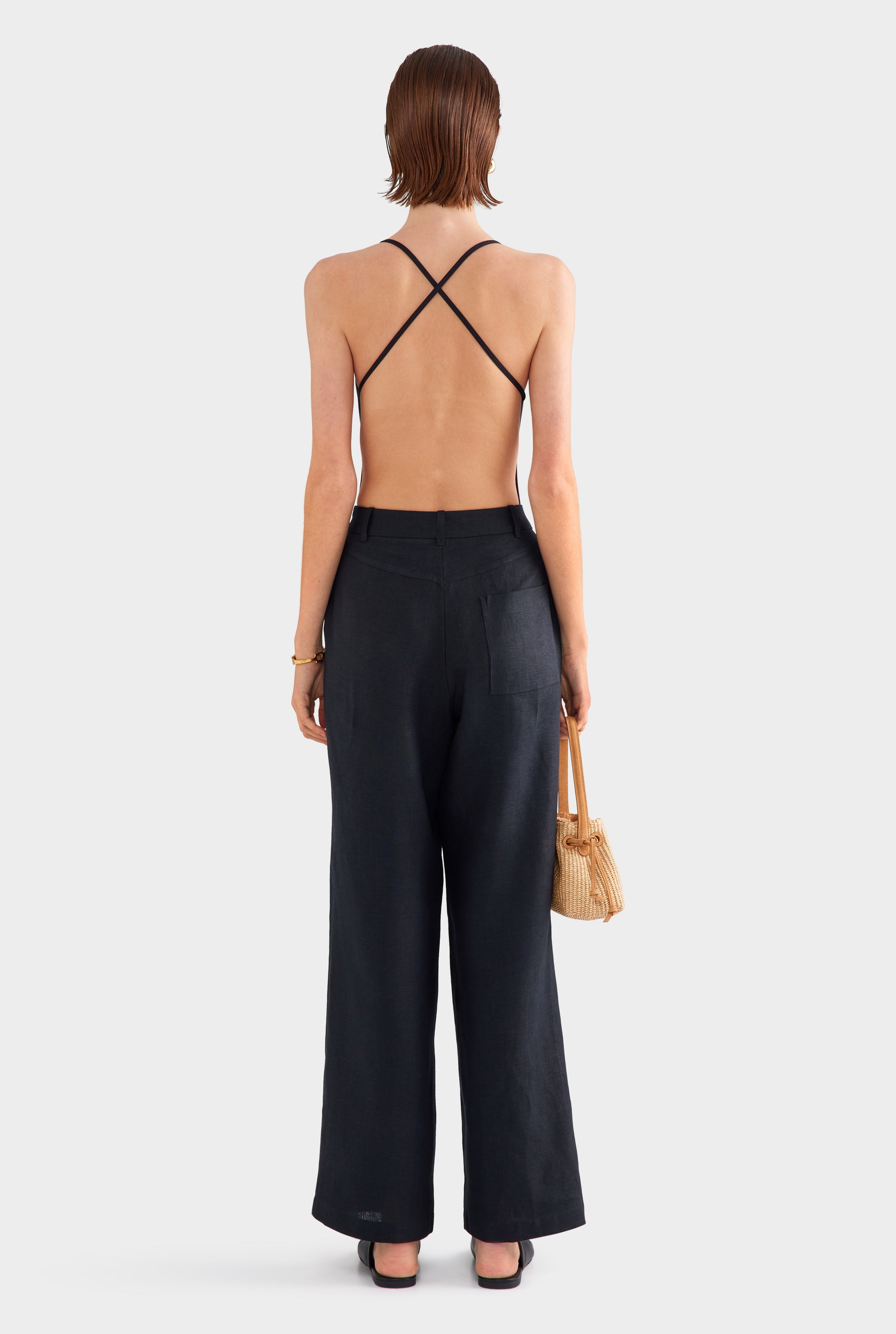 Fixed Waist Linen Trouser - Black