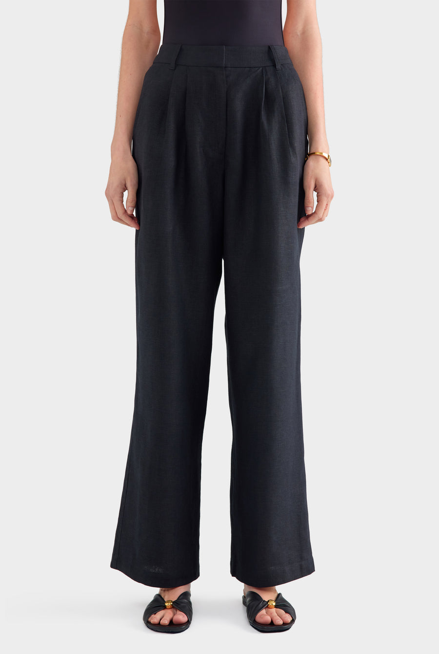 Fixed Waist Linen Trouser - Black