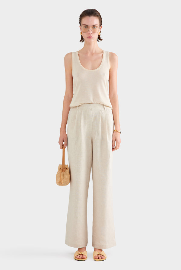 Fixed Waist Linen Trouser - Sand