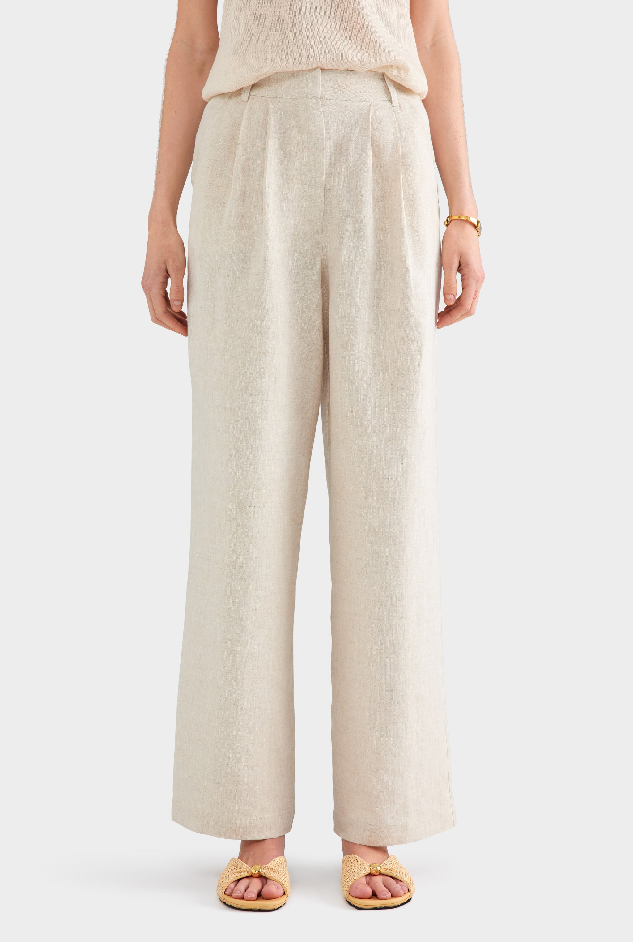 Fixed Waist Linen Trouser - Sand
