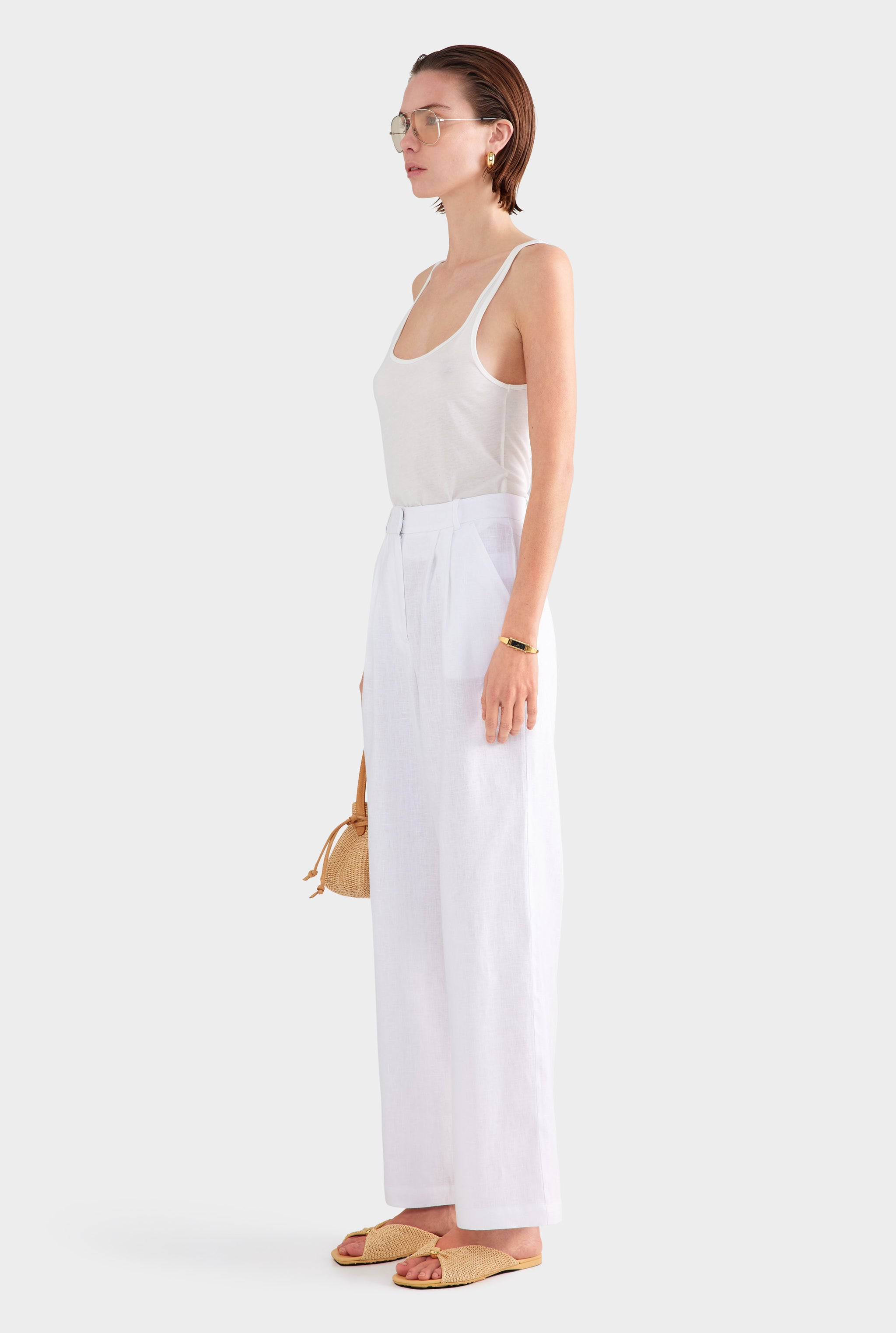 Fixed Waist Linen Trouser - White