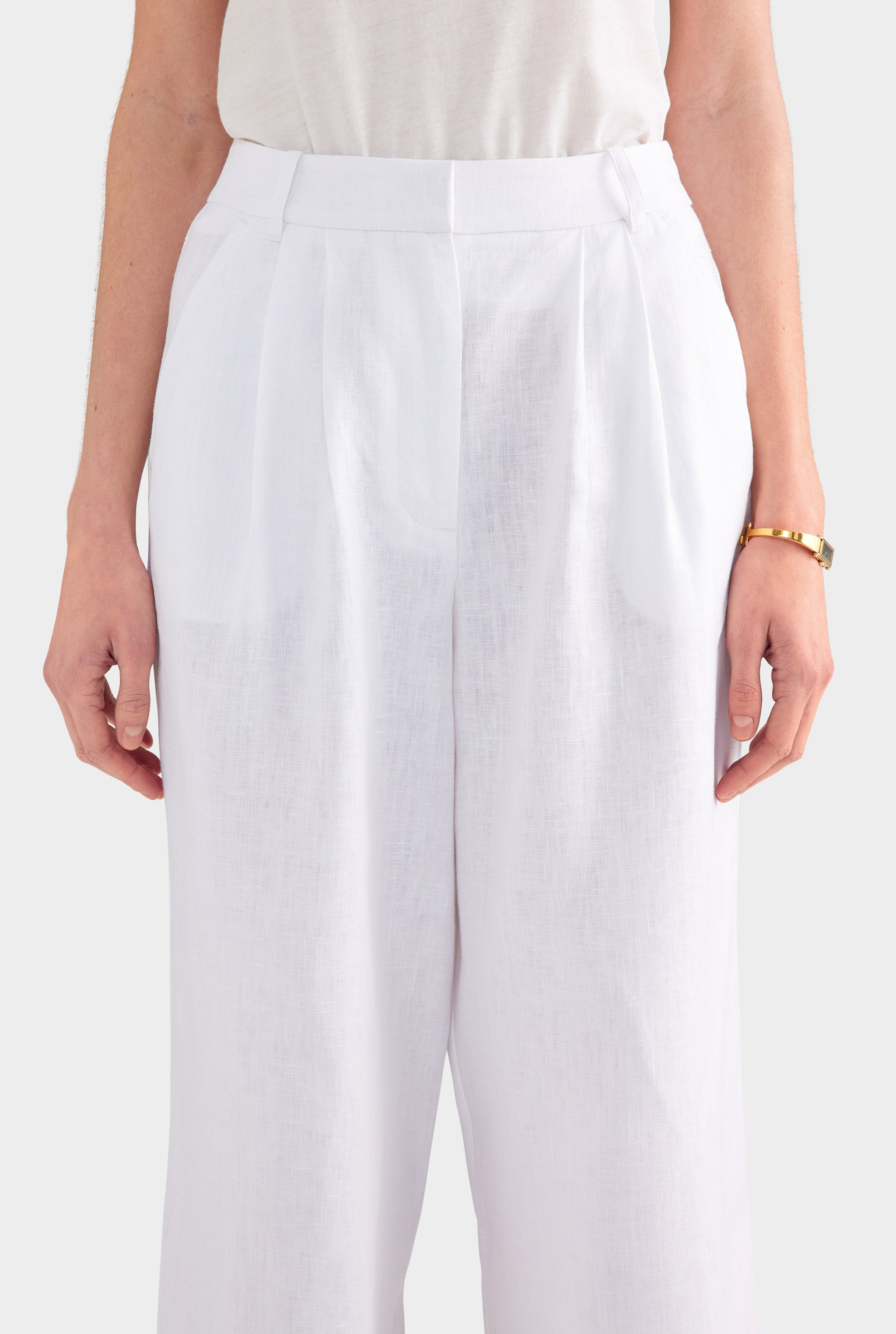 Fixed Waist Linen Trouser - White