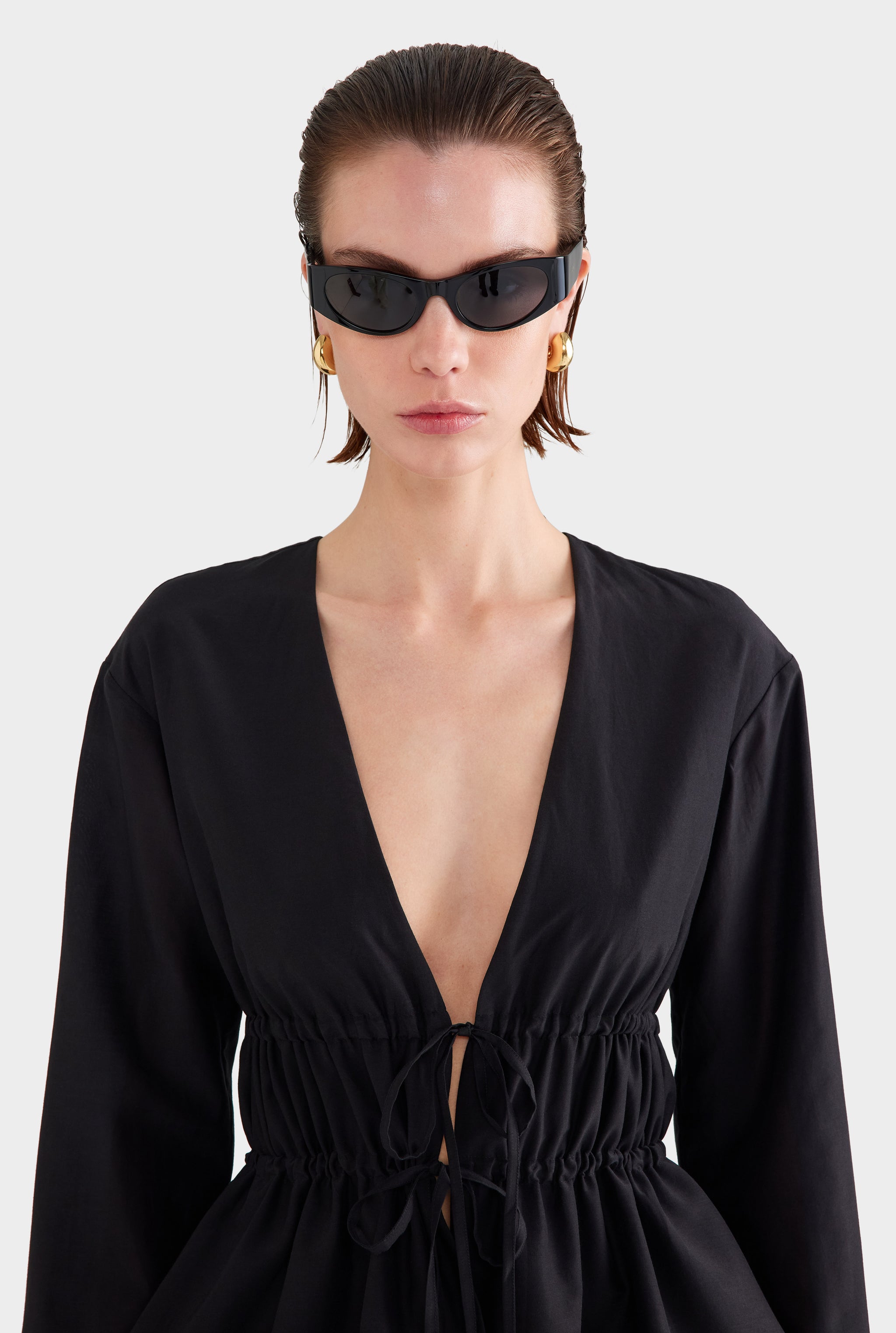 Silk Cotton Gathered Blouse - Black
