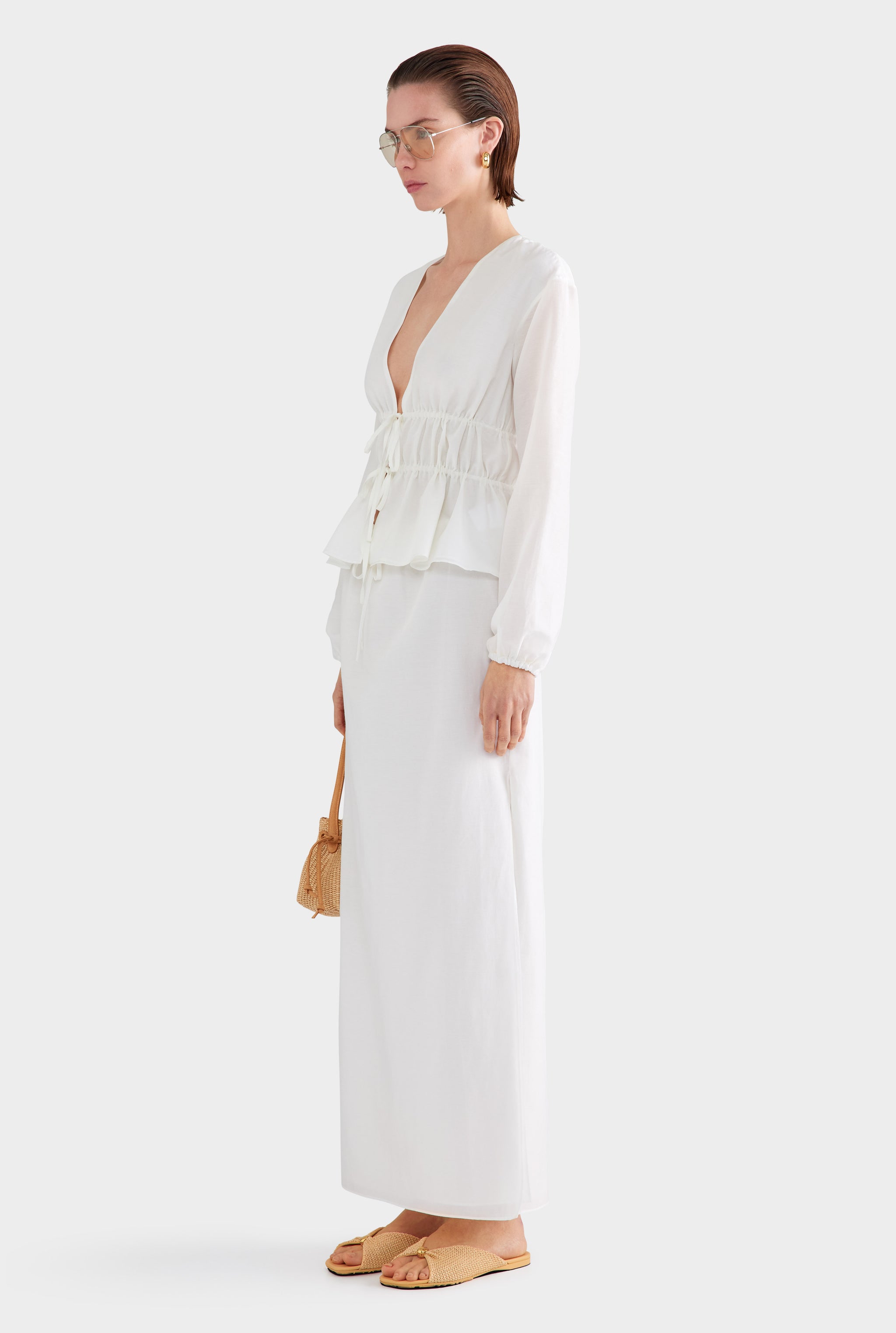 Silk Cotton Gathered Blouse - White