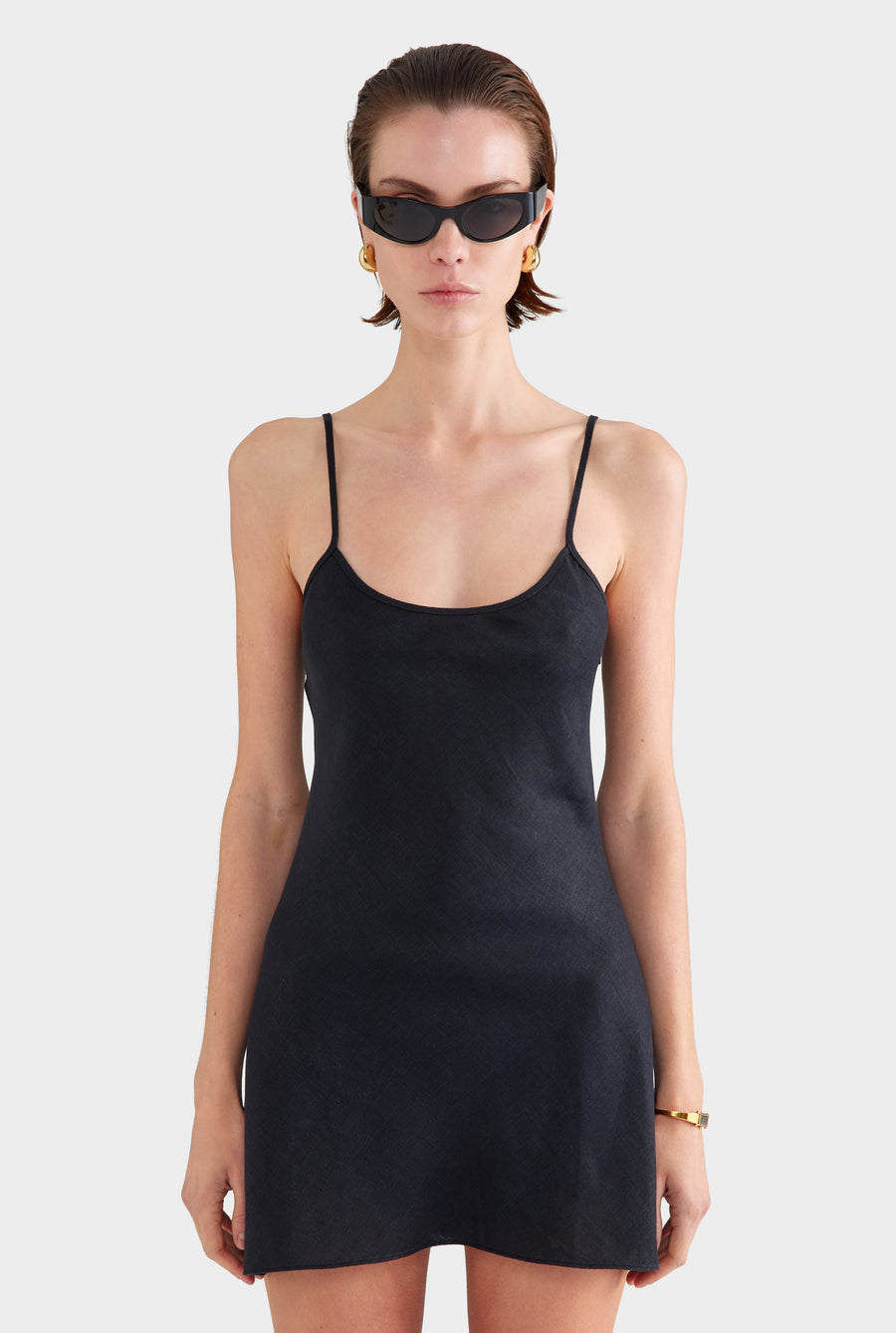 Linen Bias Mini Dress - Black