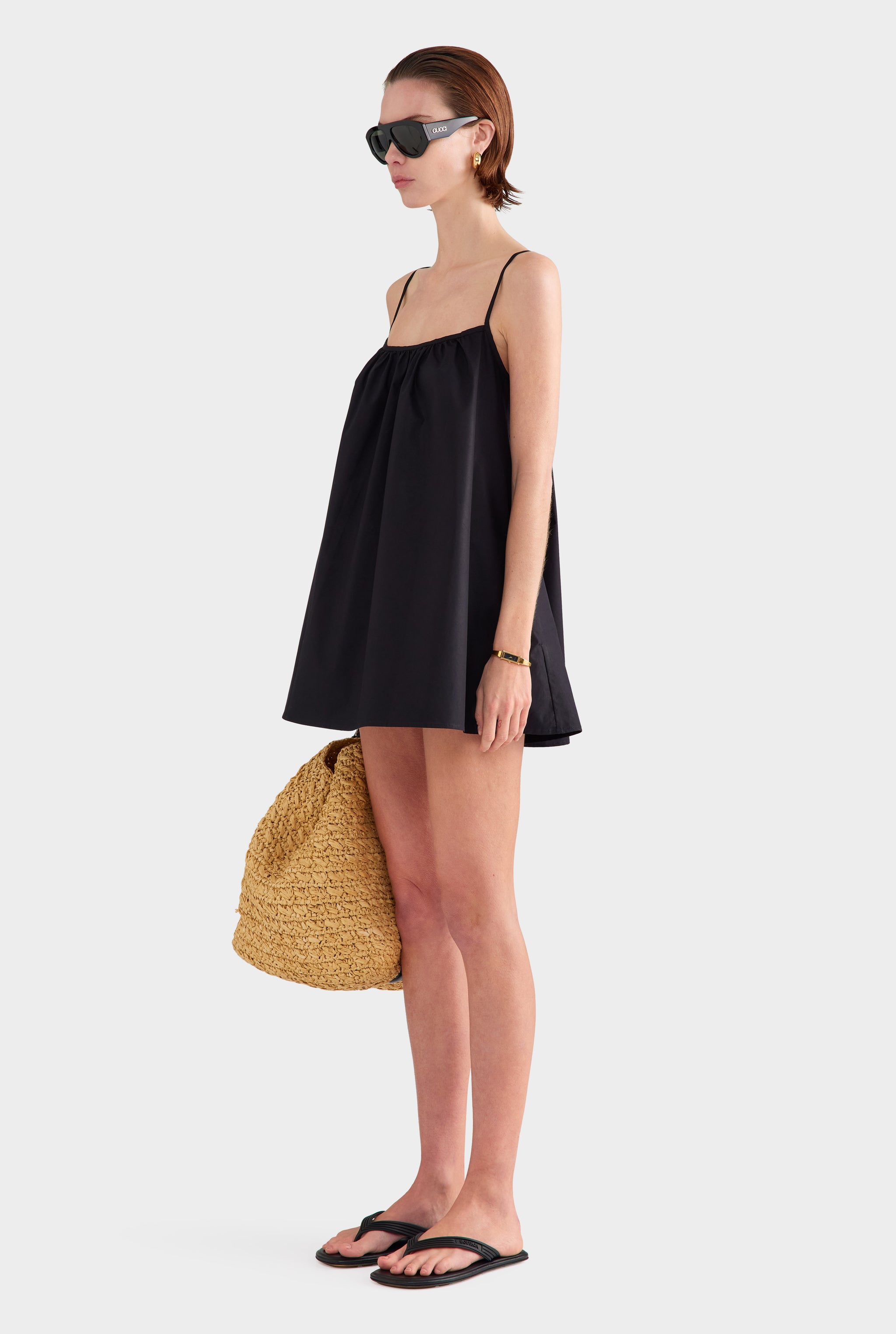 Cotton Poplin A-Line Mini Dress - Black
