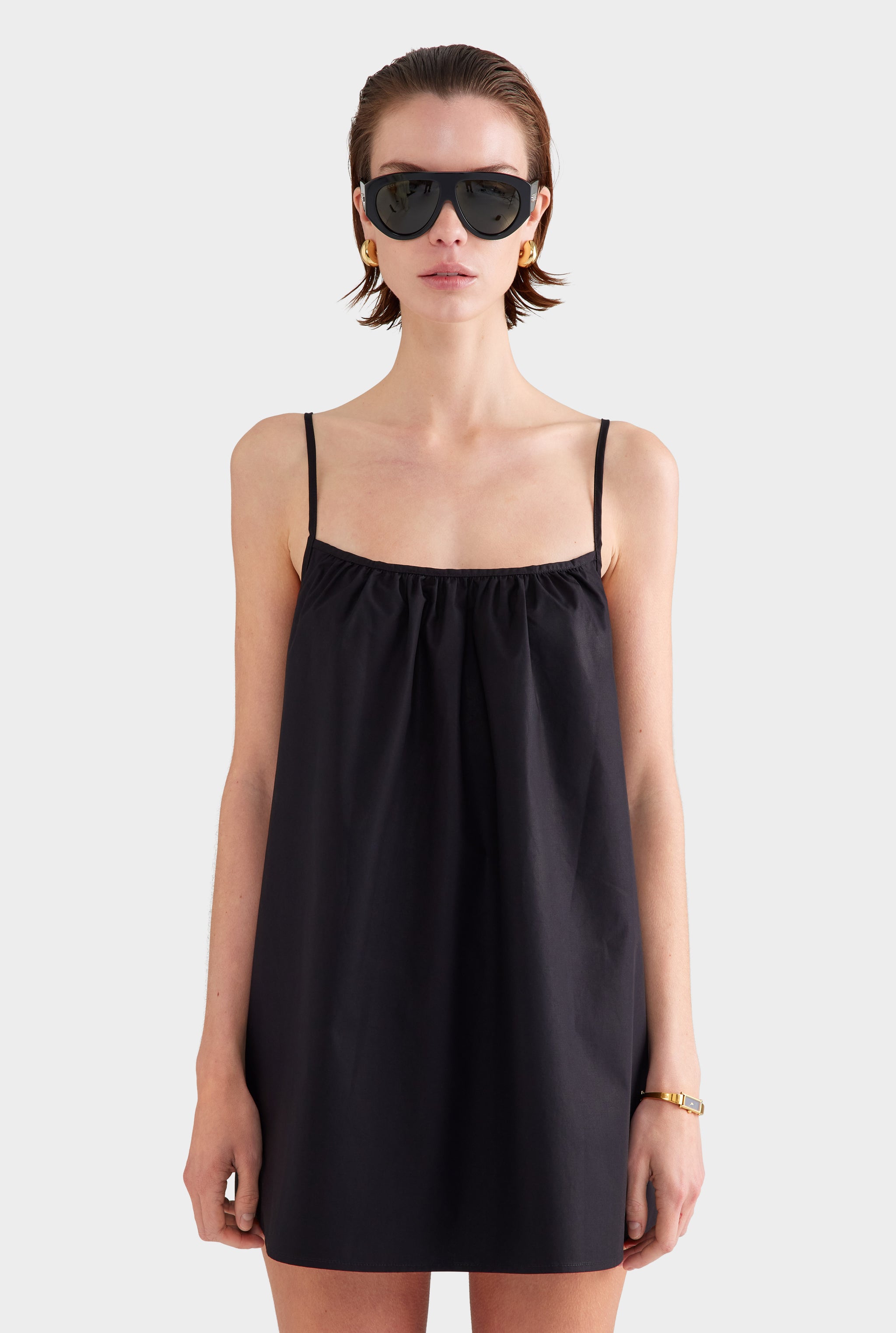 Cotton Poplin A-Line Mini Dress - Black