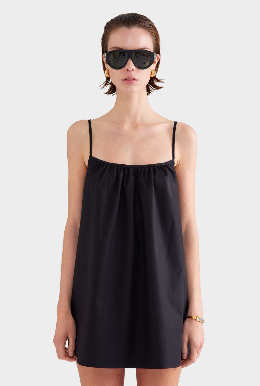 Cotton Poplin A-Line Mini Dress - Black