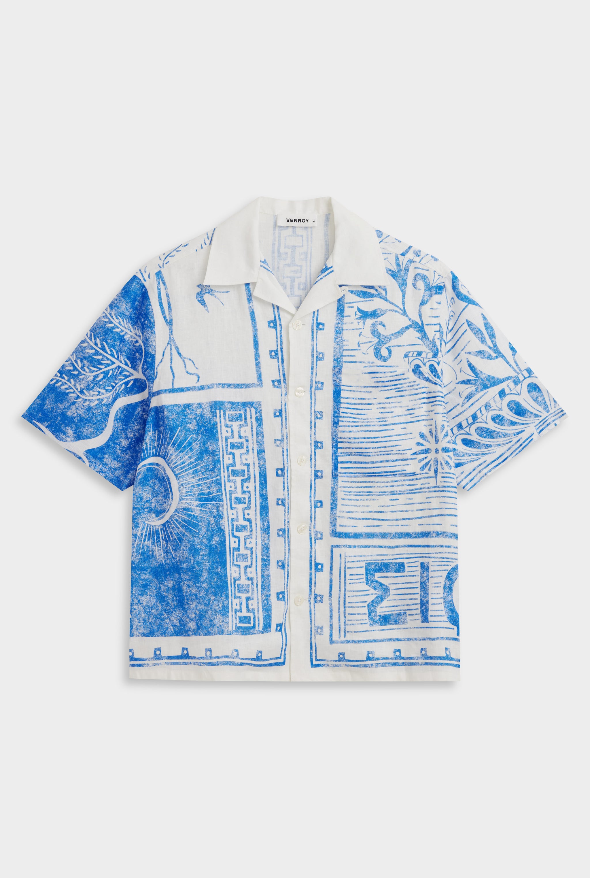 Printed Linen Camp Collar Shirt - White/Blue Greek Stamp