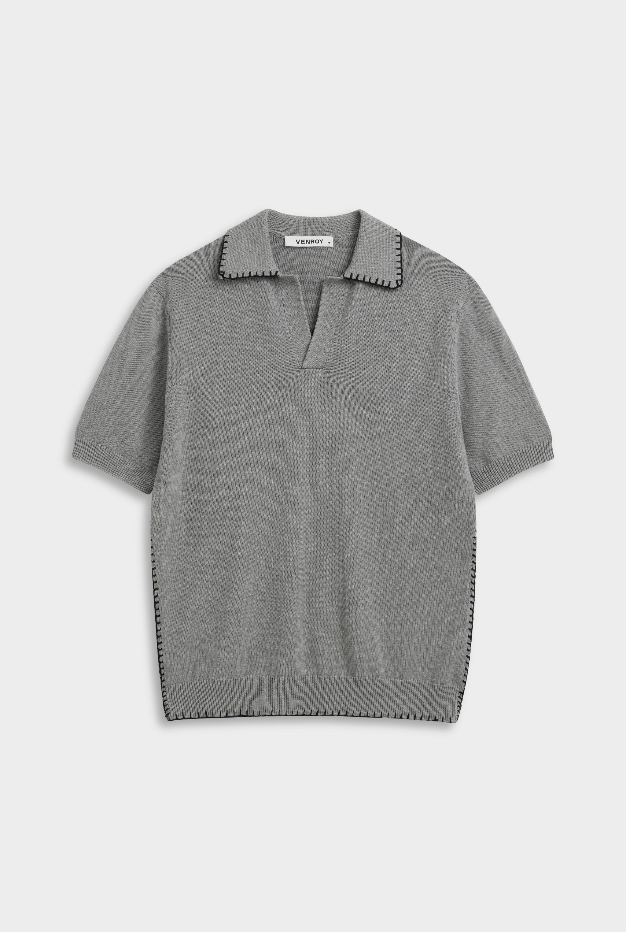 Whipstitch Chunky Cotton Knit Polo - Grey Marl/Black