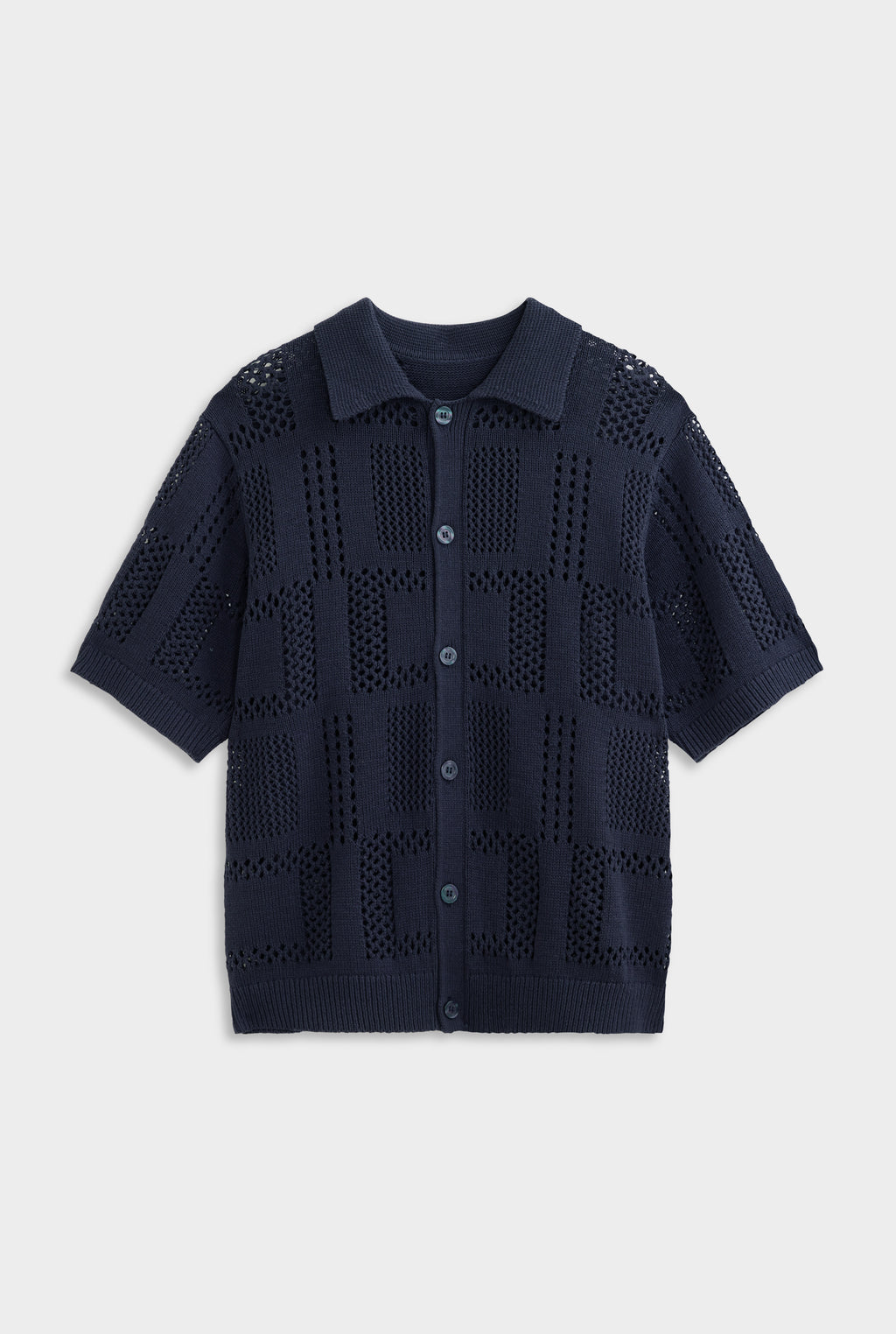 Check Crochet Knit Shirt - Navy