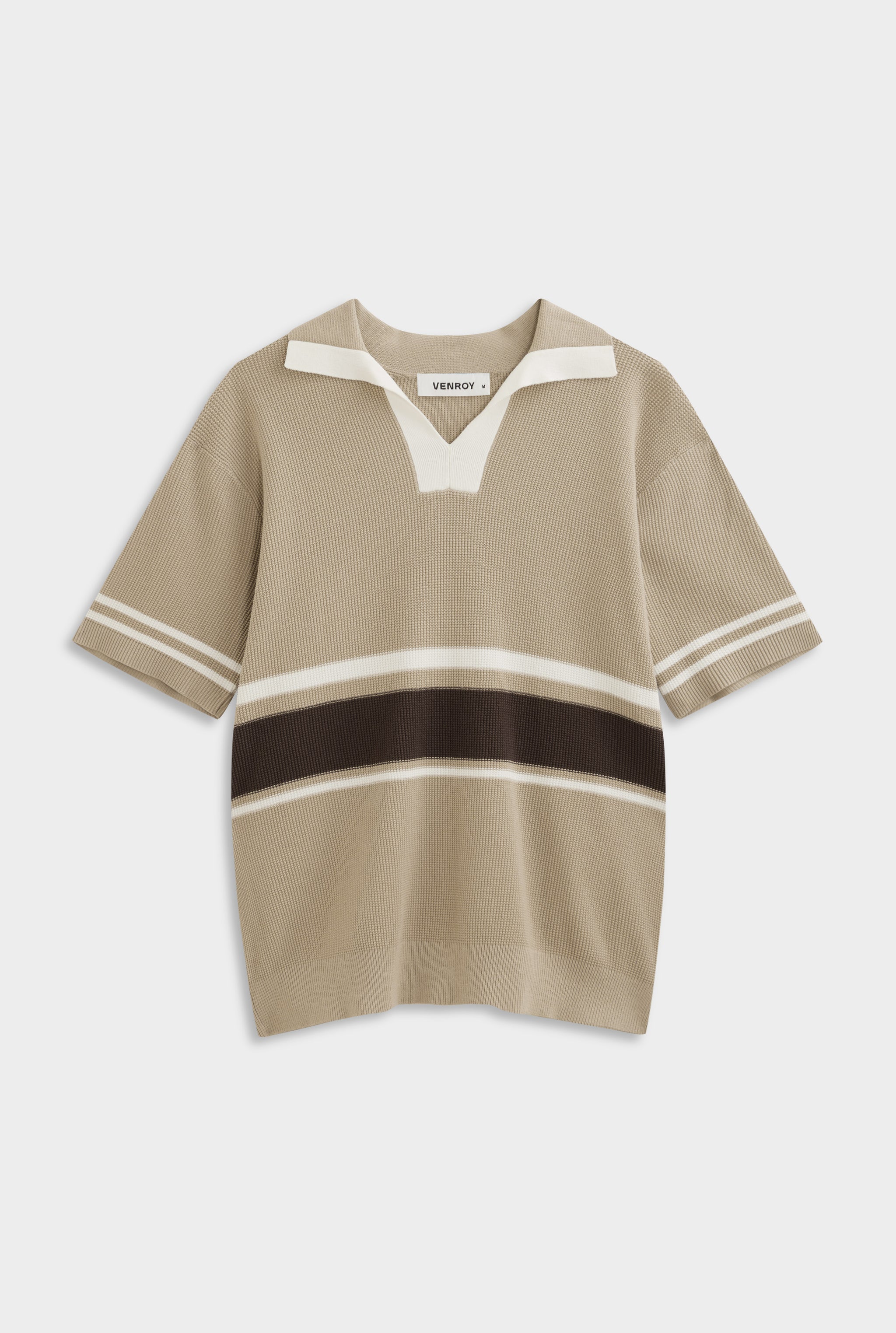 Contrast Open Neck Cotton Polo - Taupe/Brown/Off White