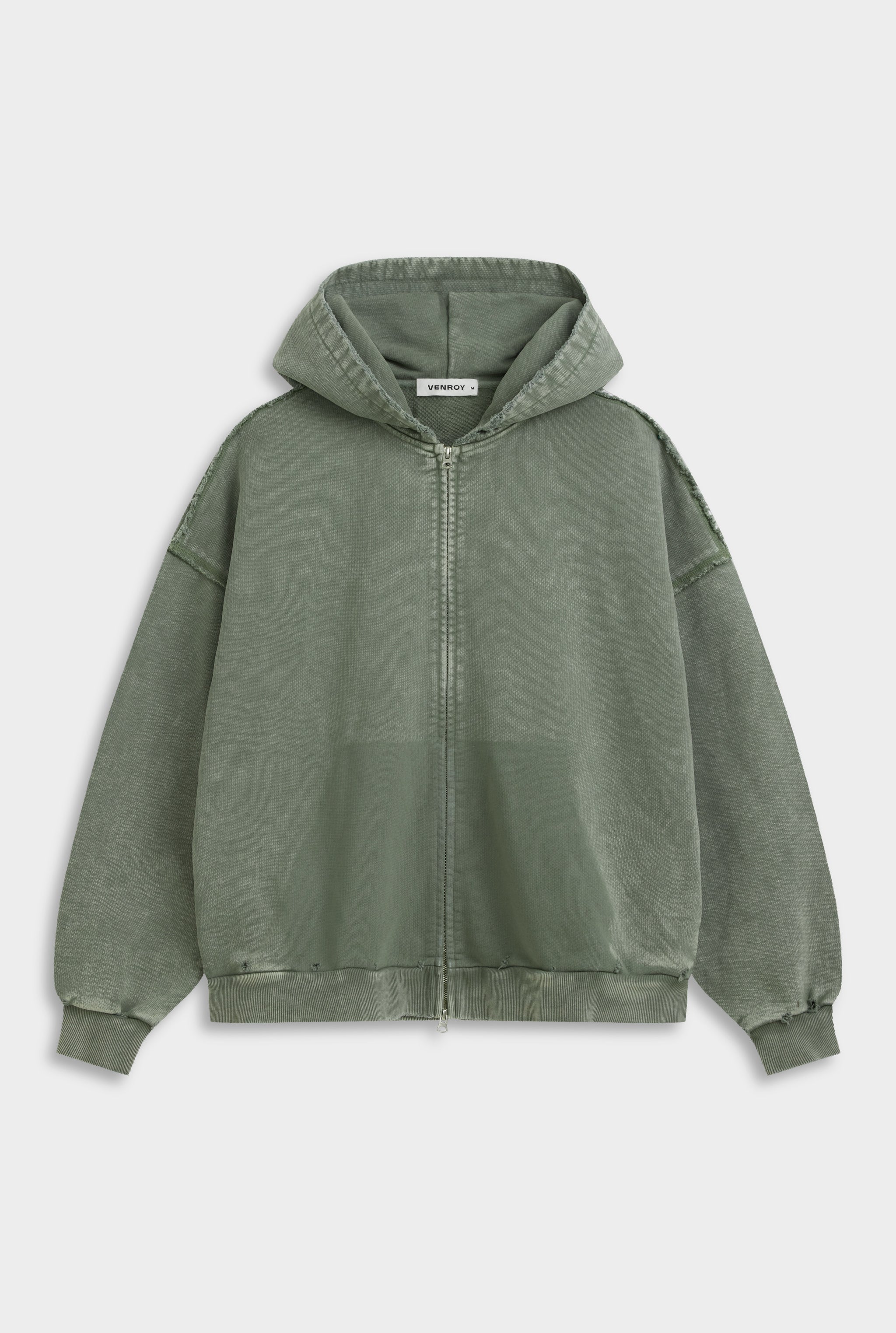 Distressed Heavyweight Track Hoodie - Washed Olive