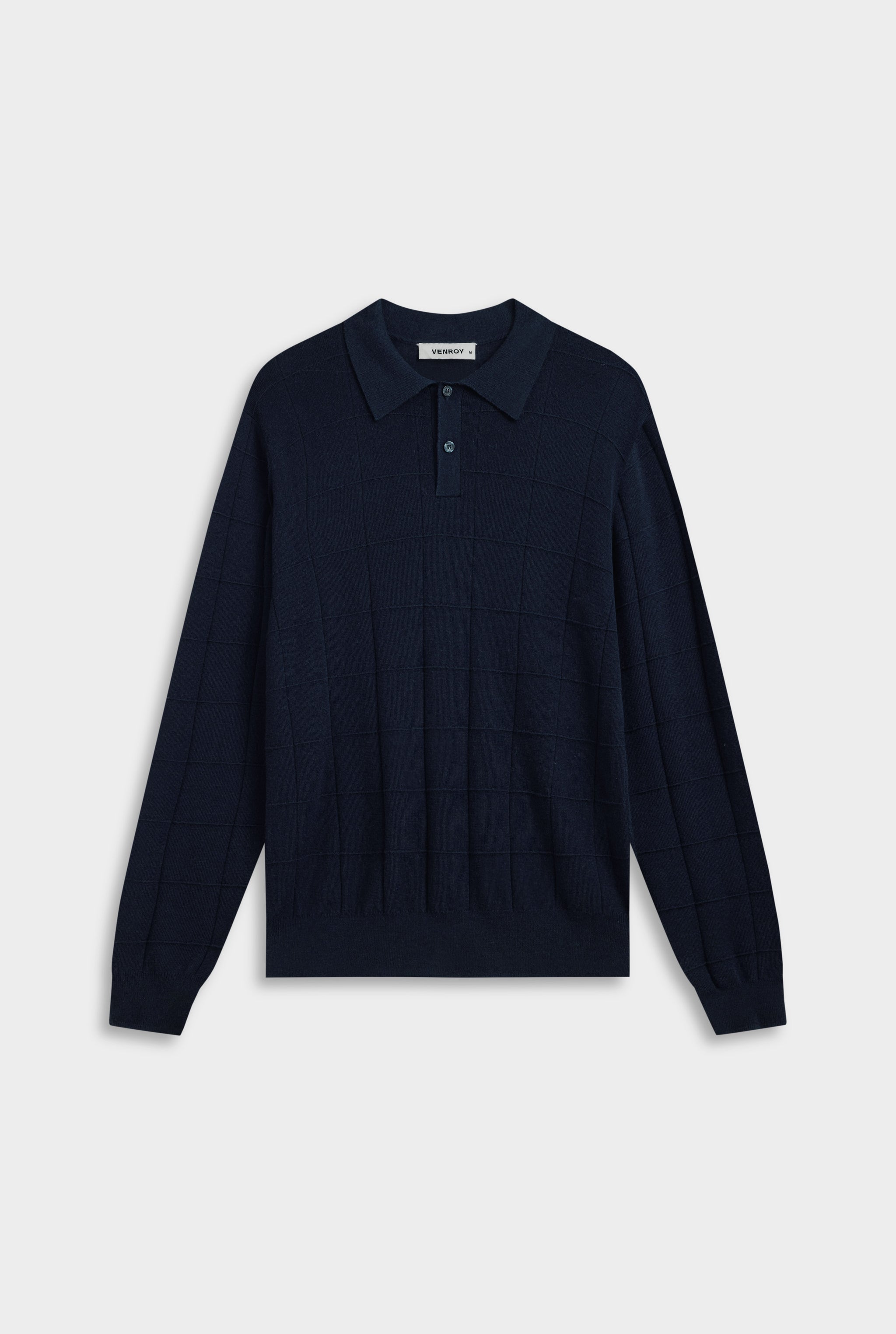 Merino Wool Check Knit Polo - Navy